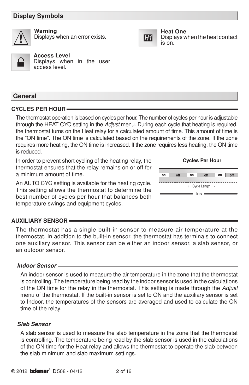 General display symbols | tekmar 509 Thermostat Installation User Manual | Page 2 / 16