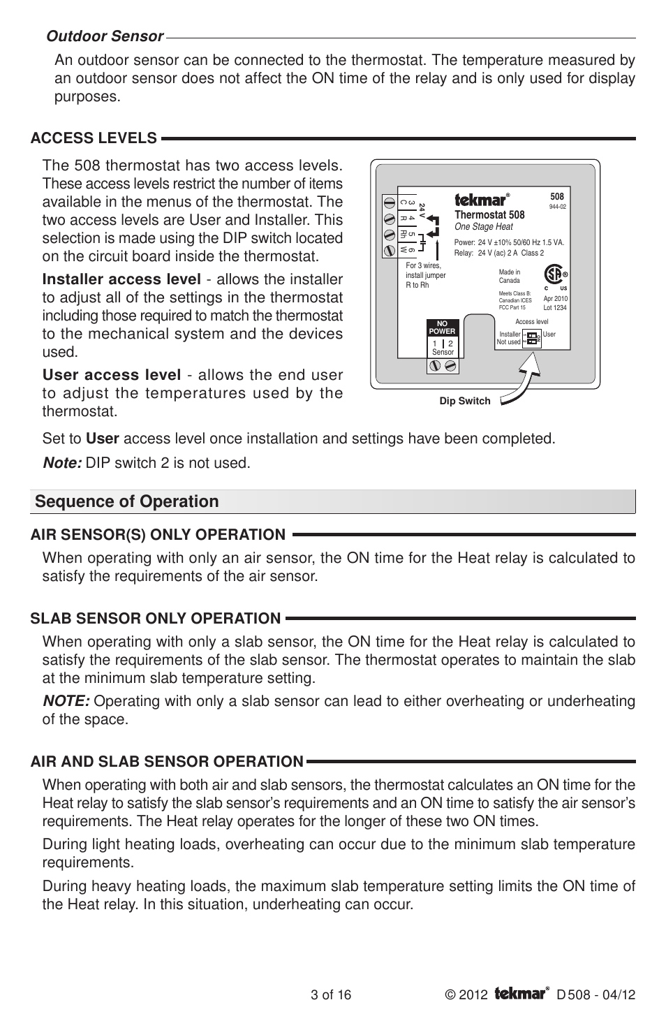 Sequence of operation | tekmar 509 Thermostat Installation User Manual | Page 3 / 16