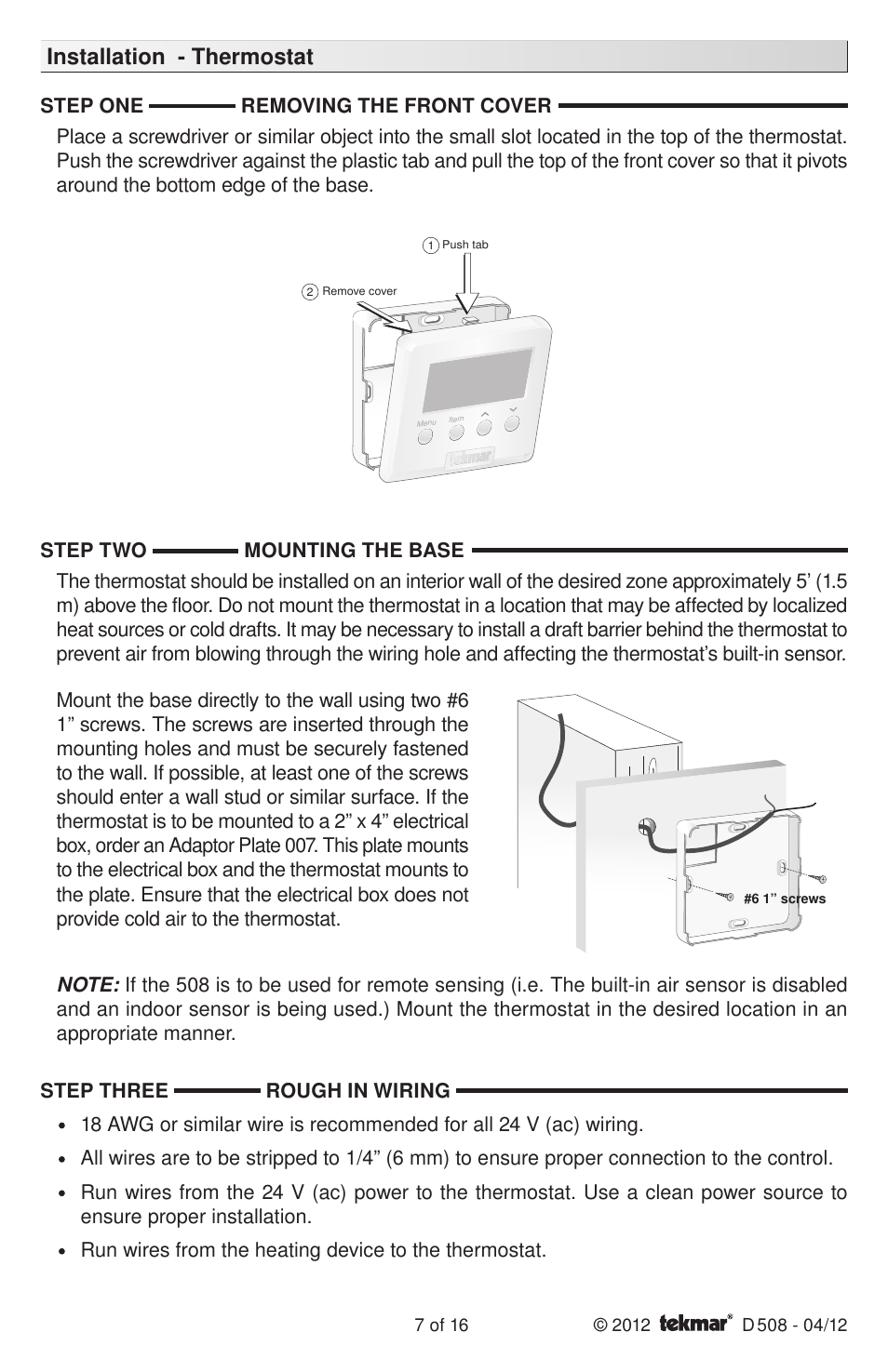 Installation - thermostat | tekmar 509 Thermostat Installation User Manual | Page 7 / 16