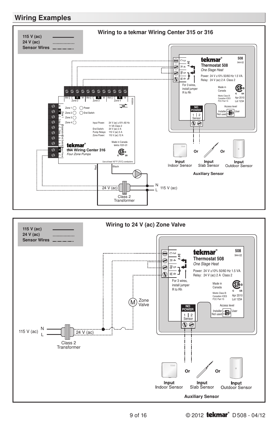 Wiring examples, Thermostat 508, Zone valve | One stage heat 508 | tekmar 509 Thermostat Installation User Manual | Page 9 / 16