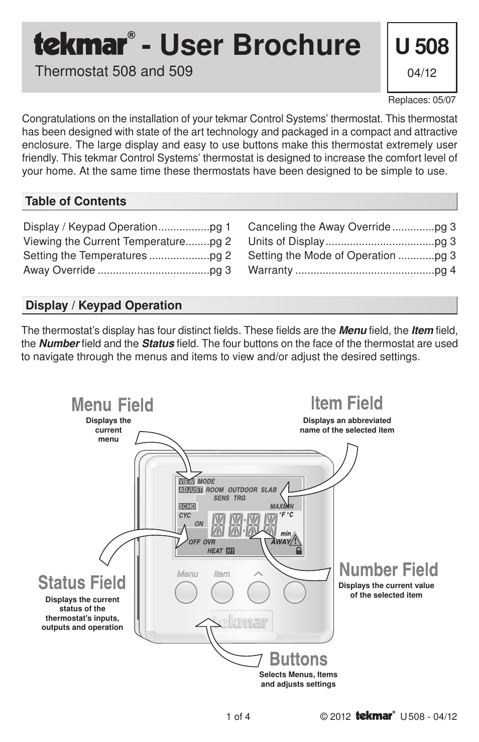 tekmar 509 Thermostat User Manuals User Manual | 4 pages