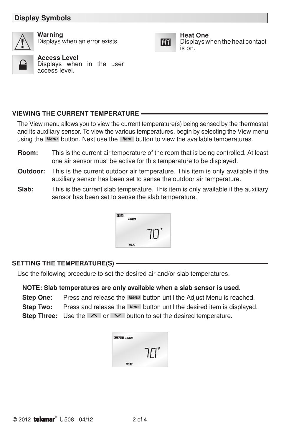 Display symbols | tekmar 509 Thermostat User Manuals User Manual | Page 2 / 4