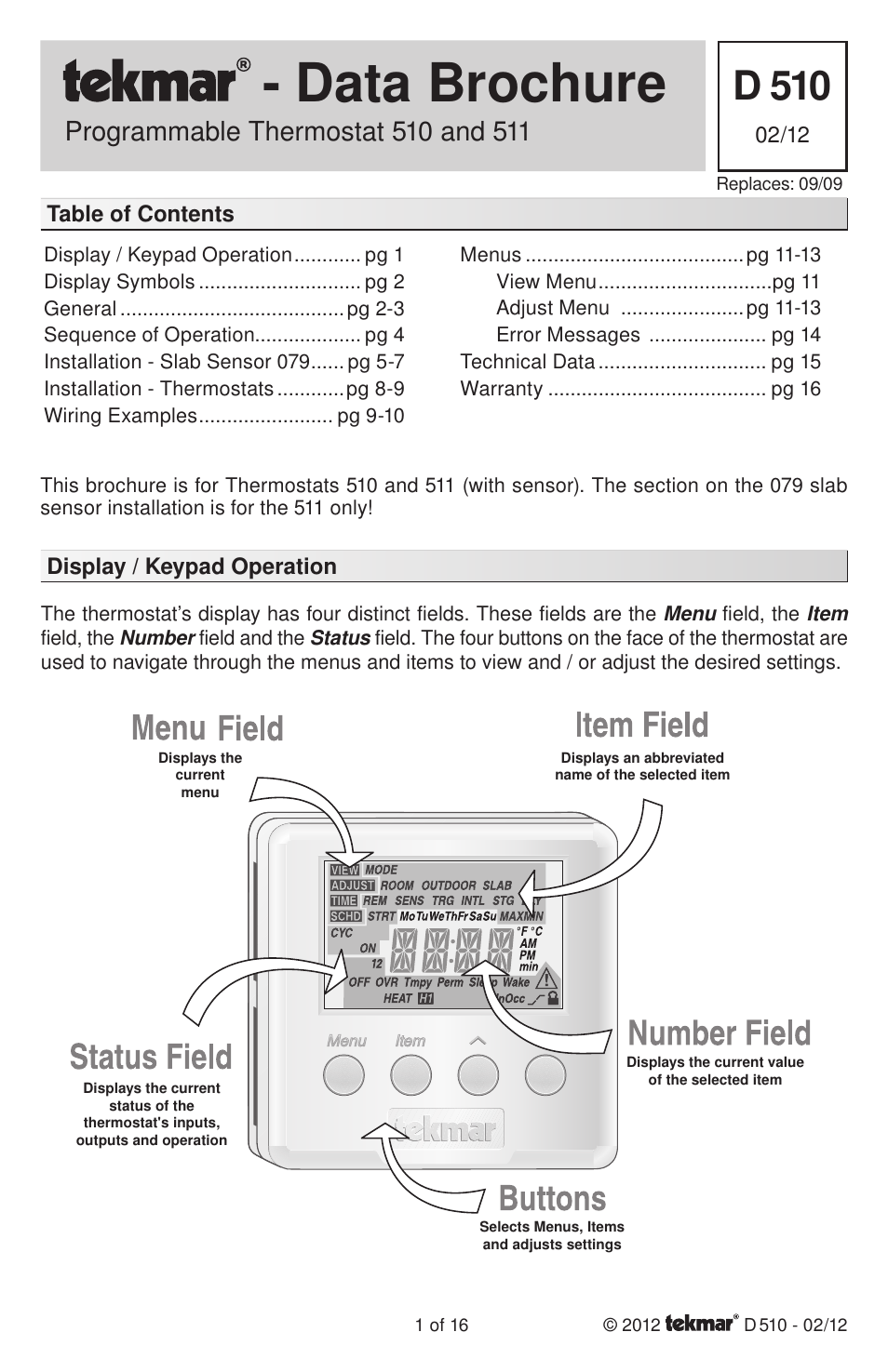 tekmar 511 Programmable Thermostat Installation User Manual | 16 pages