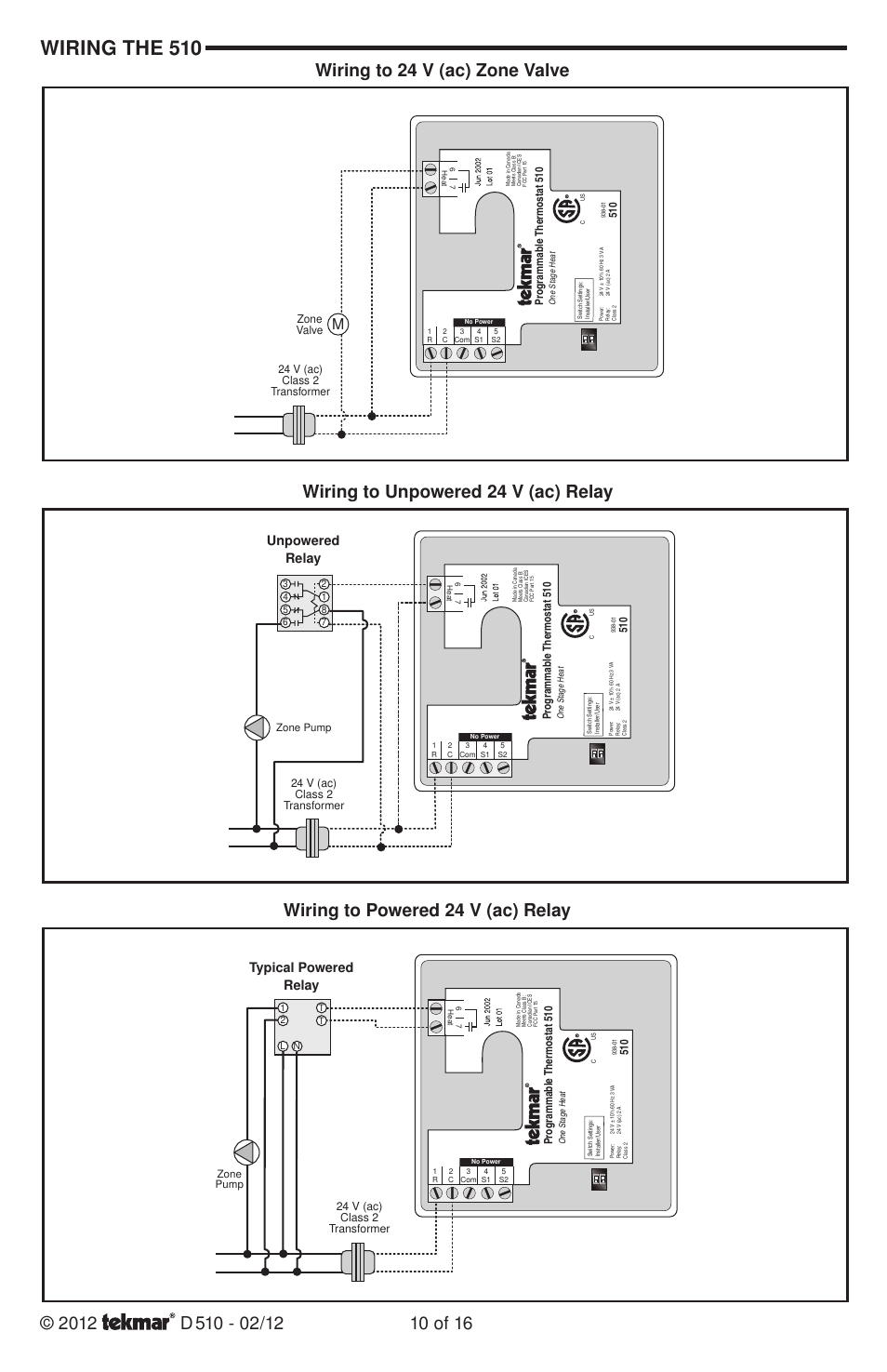 Wiring the 510, Wiring to powered 24 v (ac) relay, Unpowered relay | Typical powered relay, Programmable thermos tat 5 10, Zone valve, 24 v (ac) class 2 transformer | tekmar 511 Programmable Thermostat Installation User Manual | Page 10 / 16