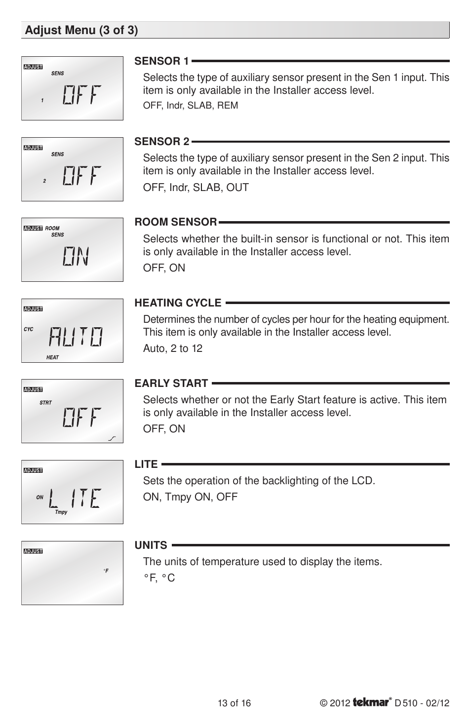 tekmar 511 Programmable Thermostat Installation User Manual | Page 13 / 16