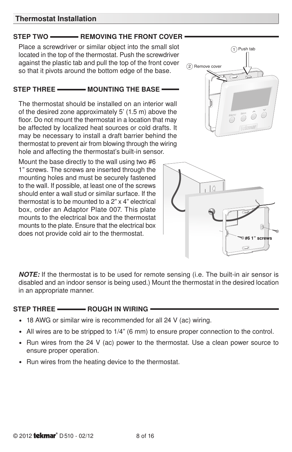 Thermostat installation | tekmar 511 Programmable Thermostat Installation User Manual | Page 8 / 16
