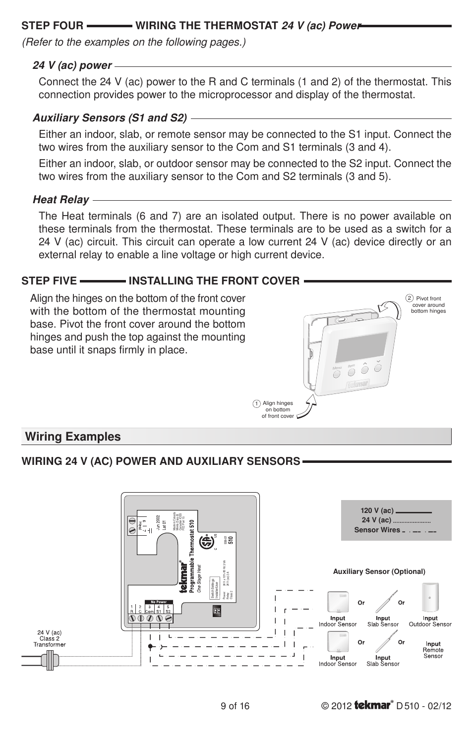 Wiring examples | tekmar 511 Programmable Thermostat Installation User Manual | Page 9 / 16