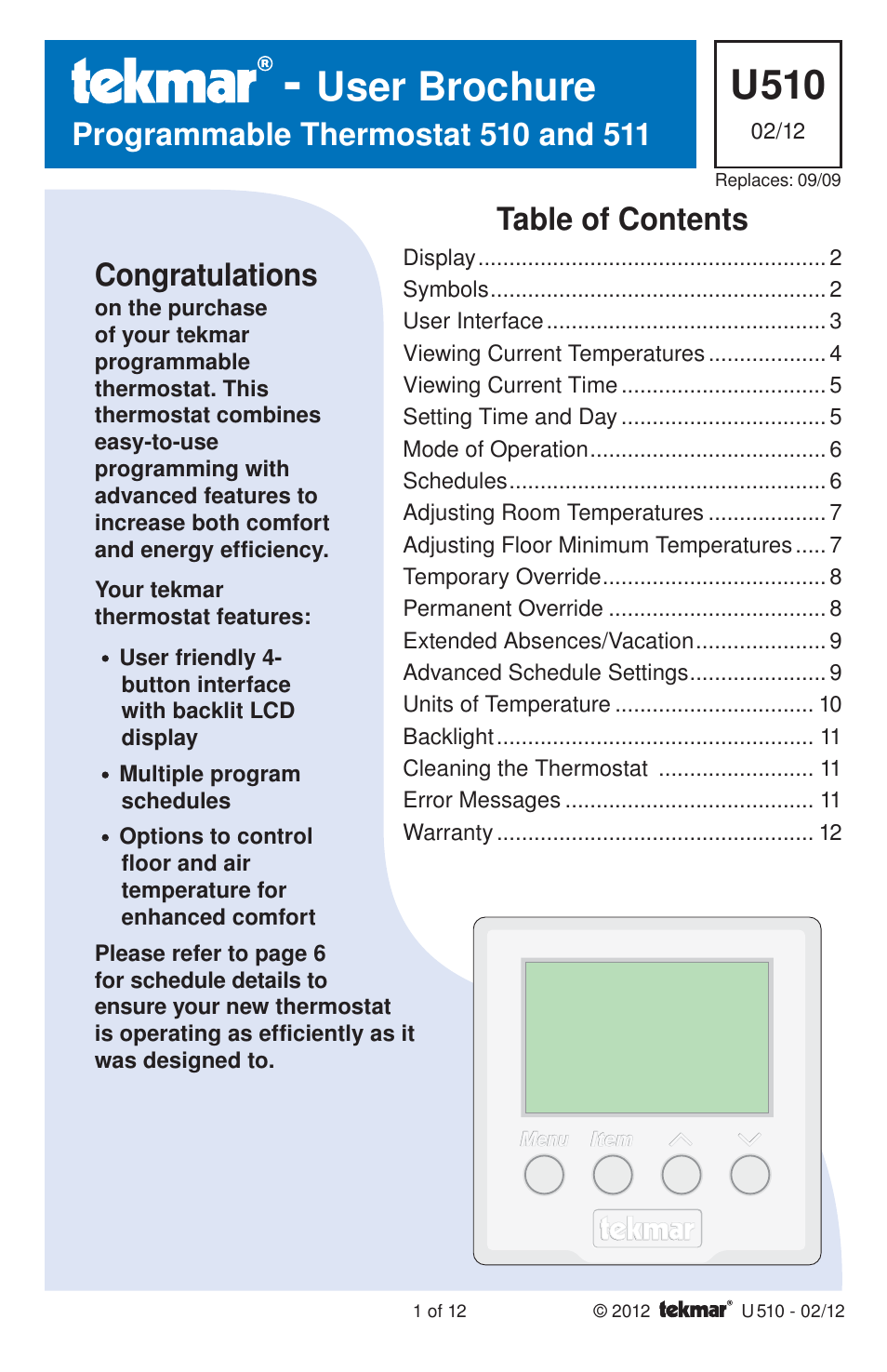 tekmar 511 Programmable Thermostat User Manuals User Manual | 12 pages