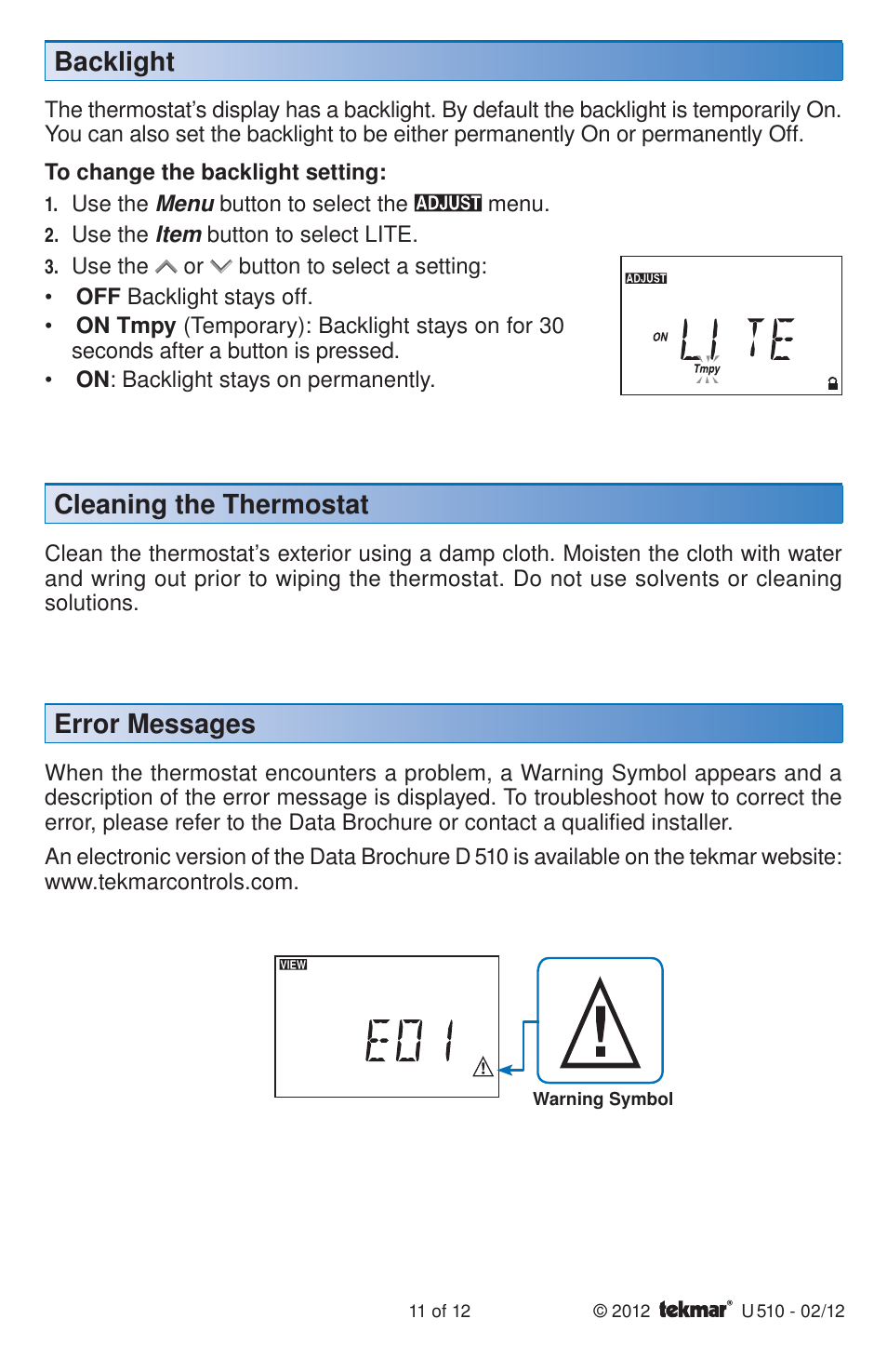 Backlight, Cleaning the thermostat, Error messages | tekmar 511 Programmable Thermostat User Manuals User Manual | Page 11 / 12
