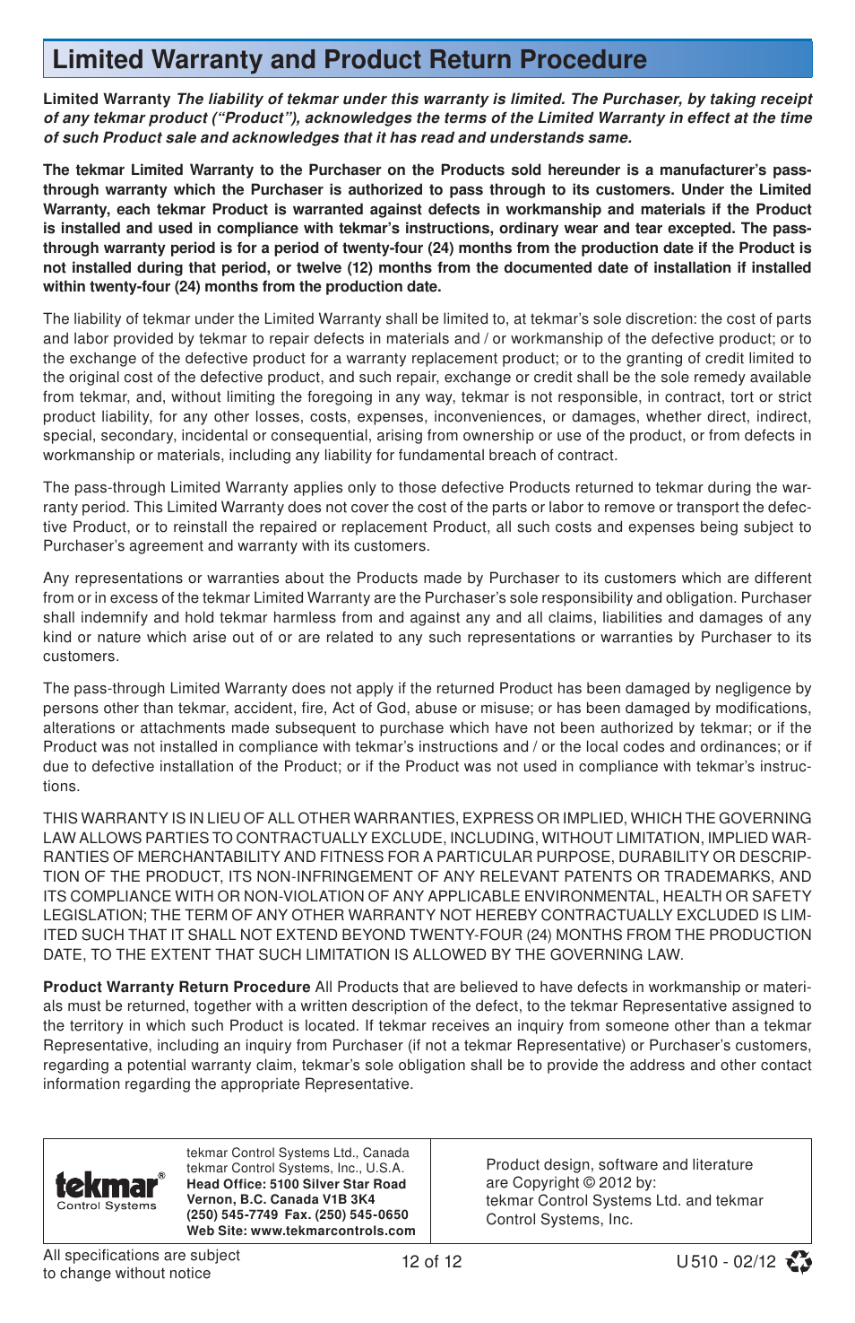 Limited warranty and product return procedure | tekmar 511 Programmable Thermostat User Manuals User Manual | Page 12 / 12