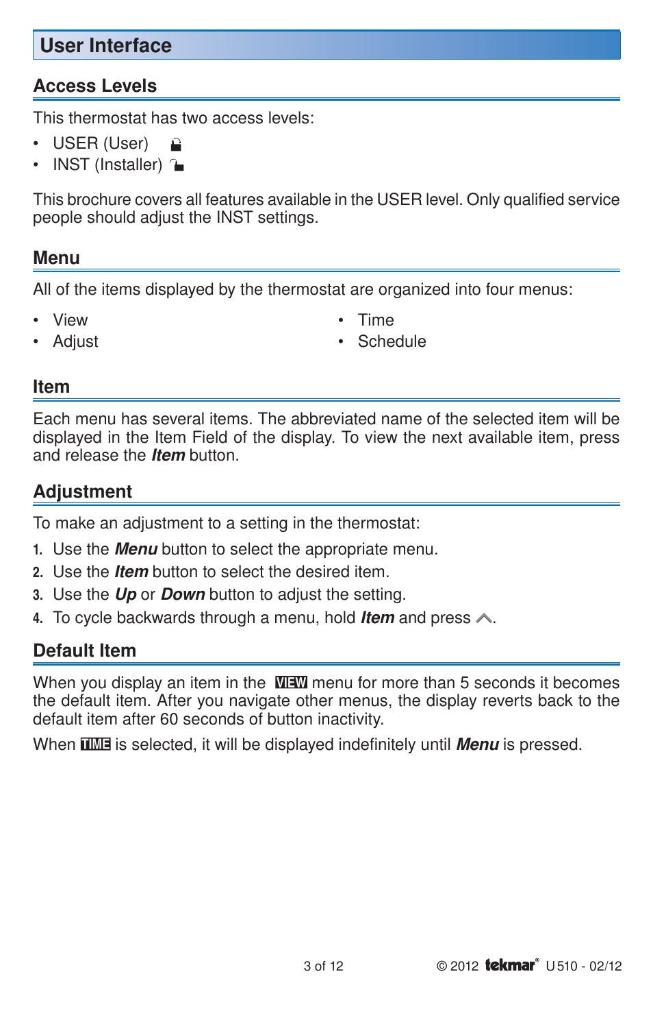 User interface | tekmar 511 Programmable Thermostat User Manuals User Manual | Page 3 / 12