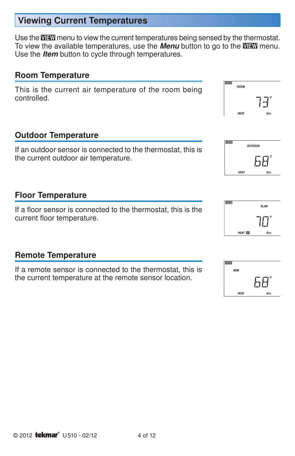 Viewing current temperatures | tekmar 511 Programmable Thermostat User Manuals User Manual | Page 4 / 12