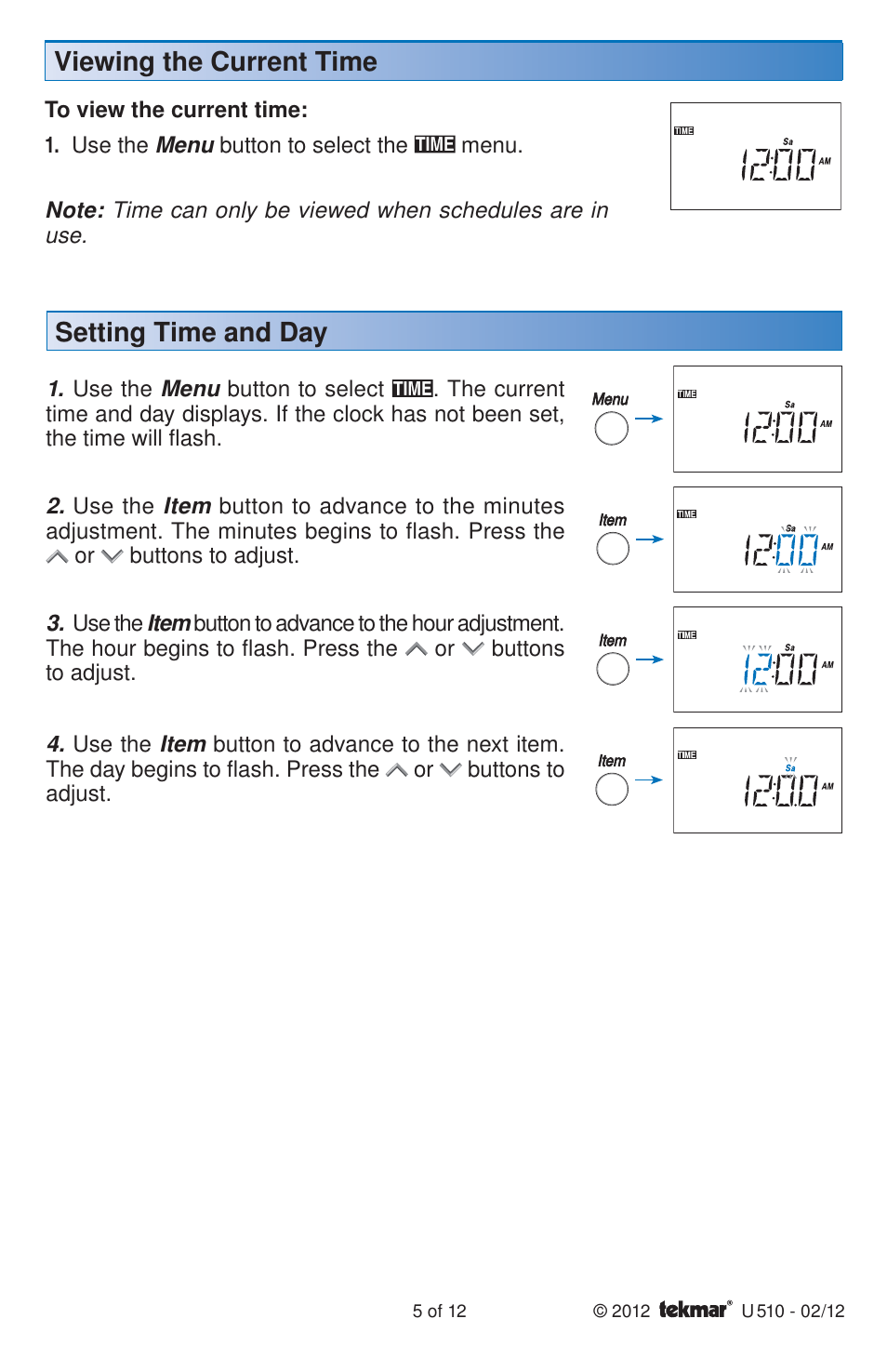 Viewing the current time, Setting time and day | tekmar 511 Programmable Thermostat User Manuals User Manual | Page 5 / 12