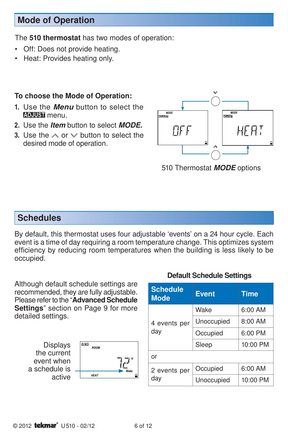 Schedules, Mode of operation | tekmar 511 Programmable Thermostat User Manuals User Manual | Page 6 / 12