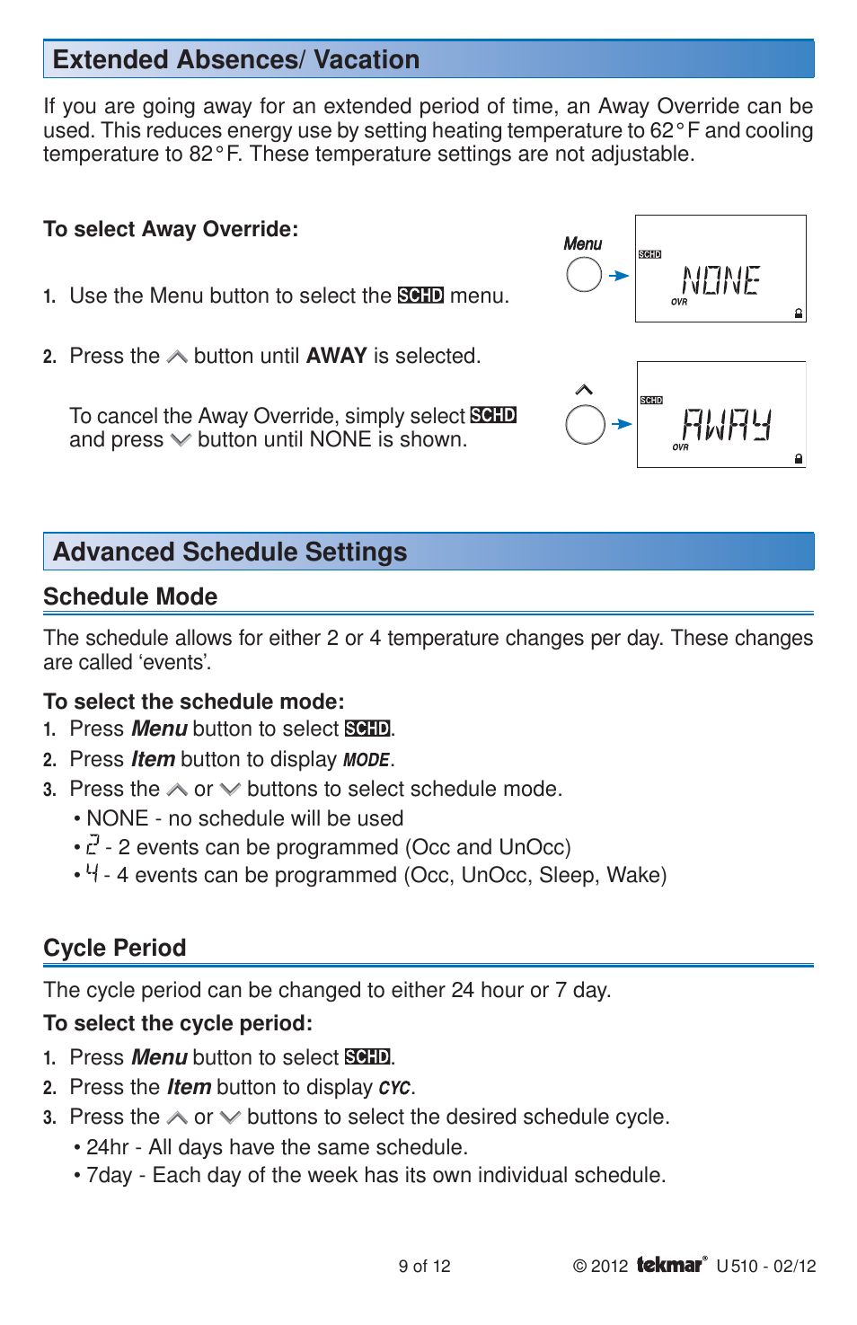 tekmar 511 Programmable Thermostat User Manuals User Manual | Page 9 / 12