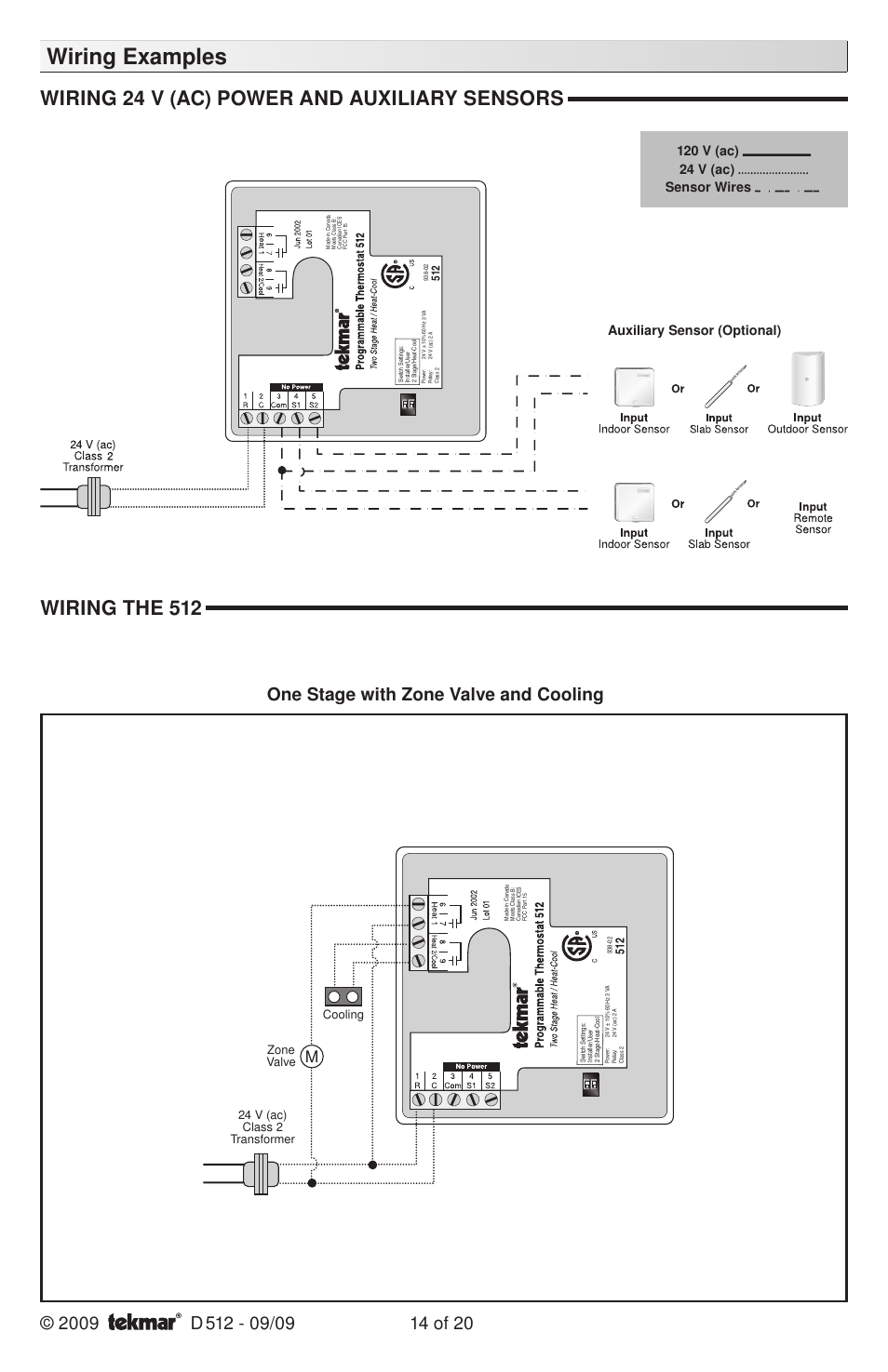 Wiring examples, Wiring the 512, Wiring 24 v (ac) power and auxiliary sensors | One stage with zone valve and cooling, Cooling 24 v (ac) class 2 transformer, Zone valve | tekmar 512 Programmable Thermostat Installation User Manual | Page 14 / 20