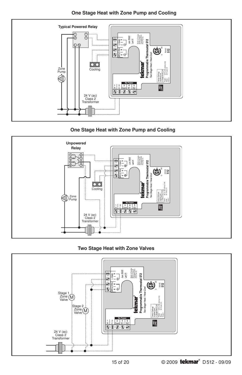 One stage heat with zone pump and cooling, Two stage heat with zone valves, Typical powered relay | Unpowered relay, Stage 1 zone valve stage 2 zone valve, 24 v (ac) class 2 transformer, Cooling | tekmar 512 Programmable Thermostat Installation User Manual | Page 15 / 20