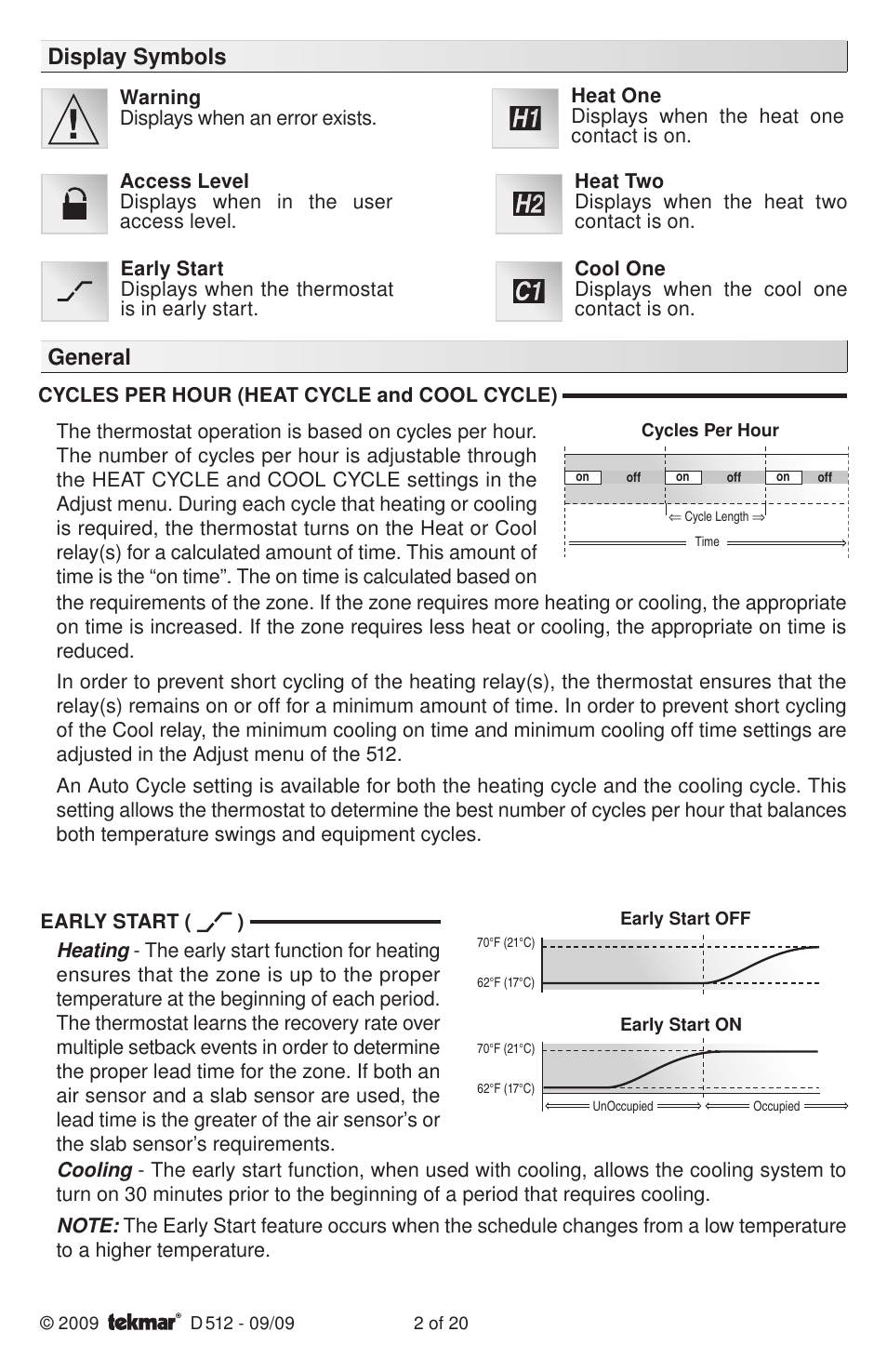 Display symbols, General | tekmar 512 Programmable Thermostat Installation User Manual | Page 2 / 20