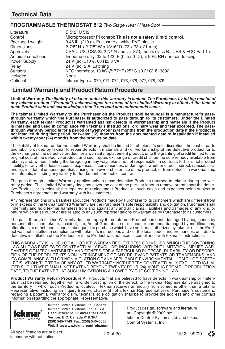 tekmar 512 Programmable Thermostat Installation User Manual | Page 20 / 20