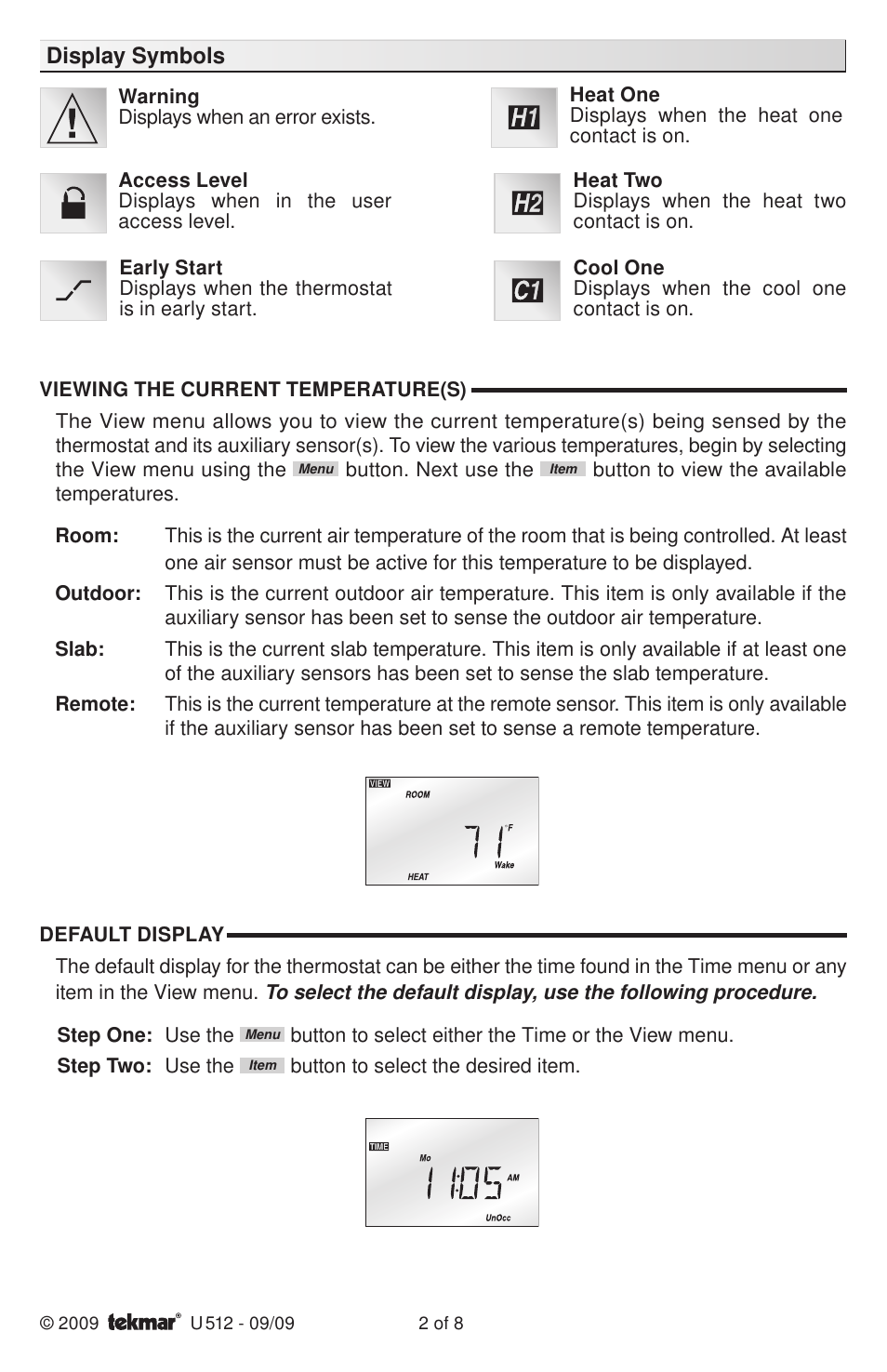 Display symbols | tekmar 512 Programmable Thermostat User Manuals User Manual | Page 2 / 8