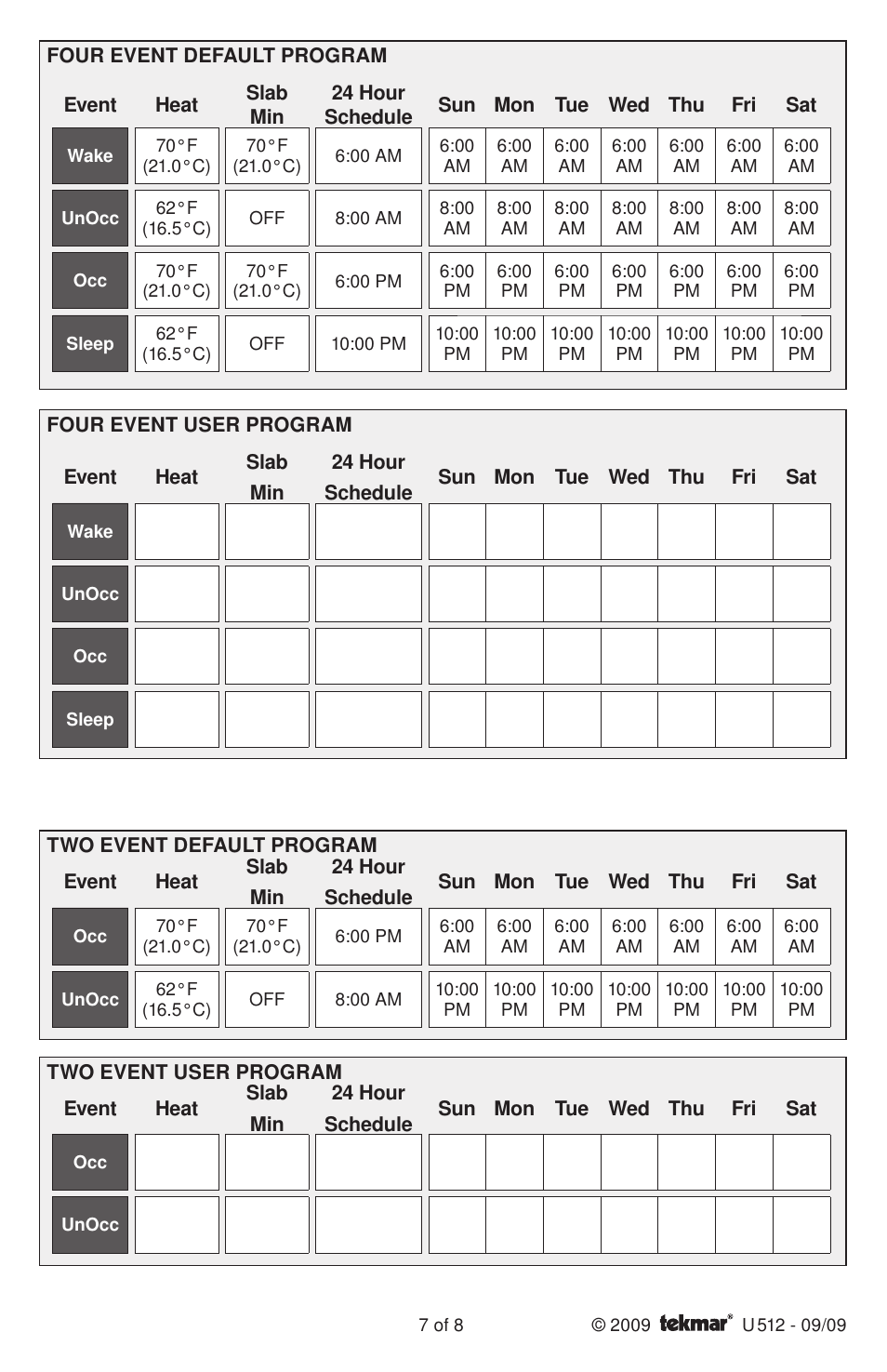 tekmar 512 Programmable Thermostat User Manuals User Manual | Page 7 / 8