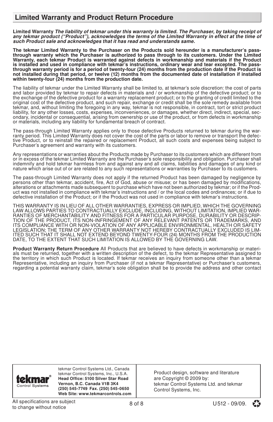 Limited warranty and product return procedure | tekmar 512 Programmable Thermostat User Manuals User Manual | Page 8 / 8