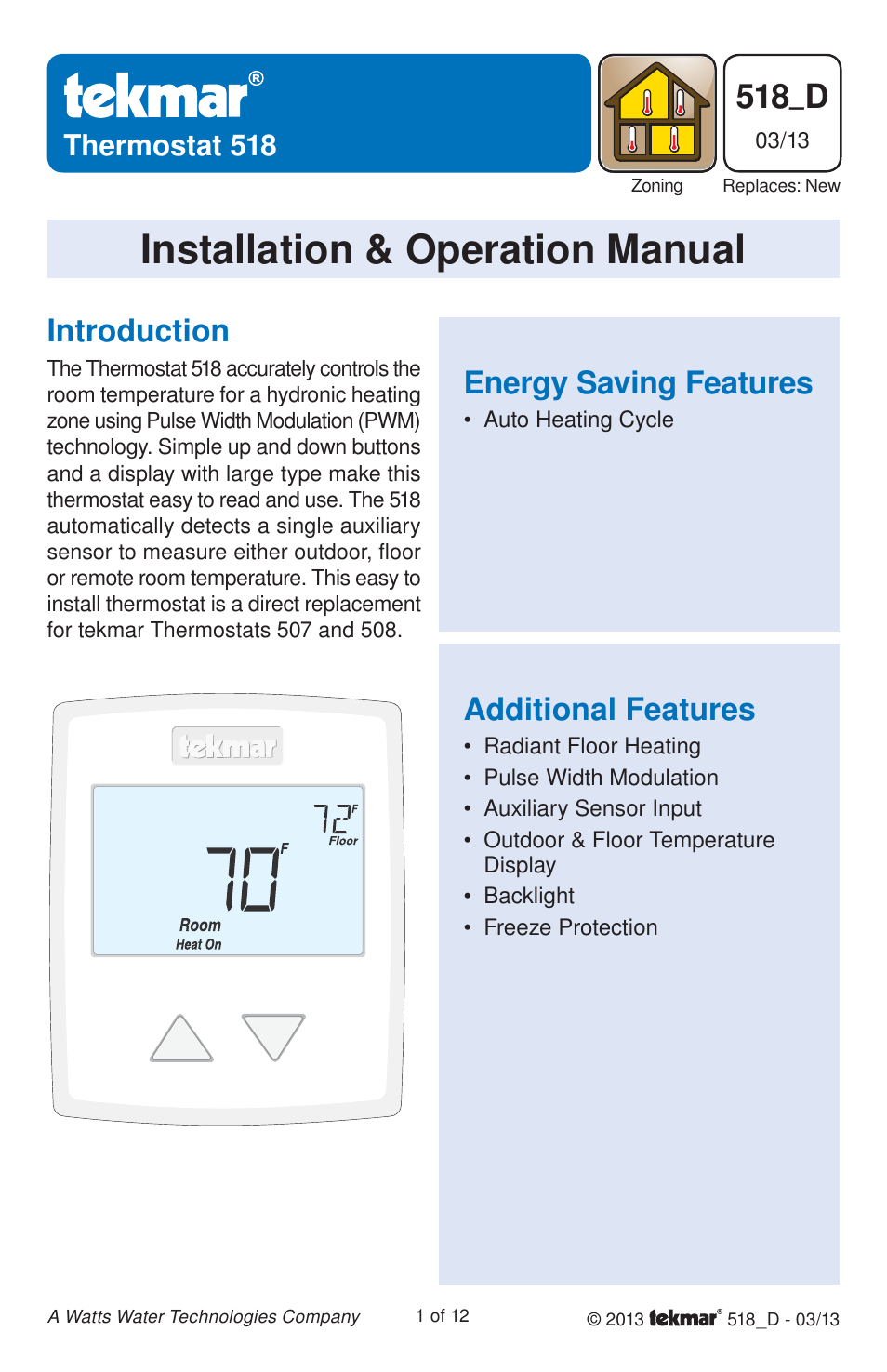 tekmar 518 Thermostat Installation User Manual | 12 pages