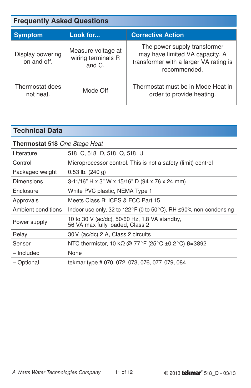 Technical data, Frequently asked questions | tekmar 518 Thermostat Installation User Manual | Page 11 / 12