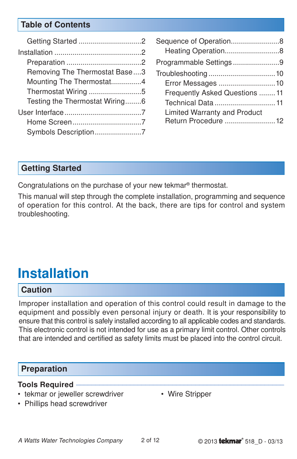 Installation | tekmar 518 Thermostat Installation User Manual | Page 2 / 12