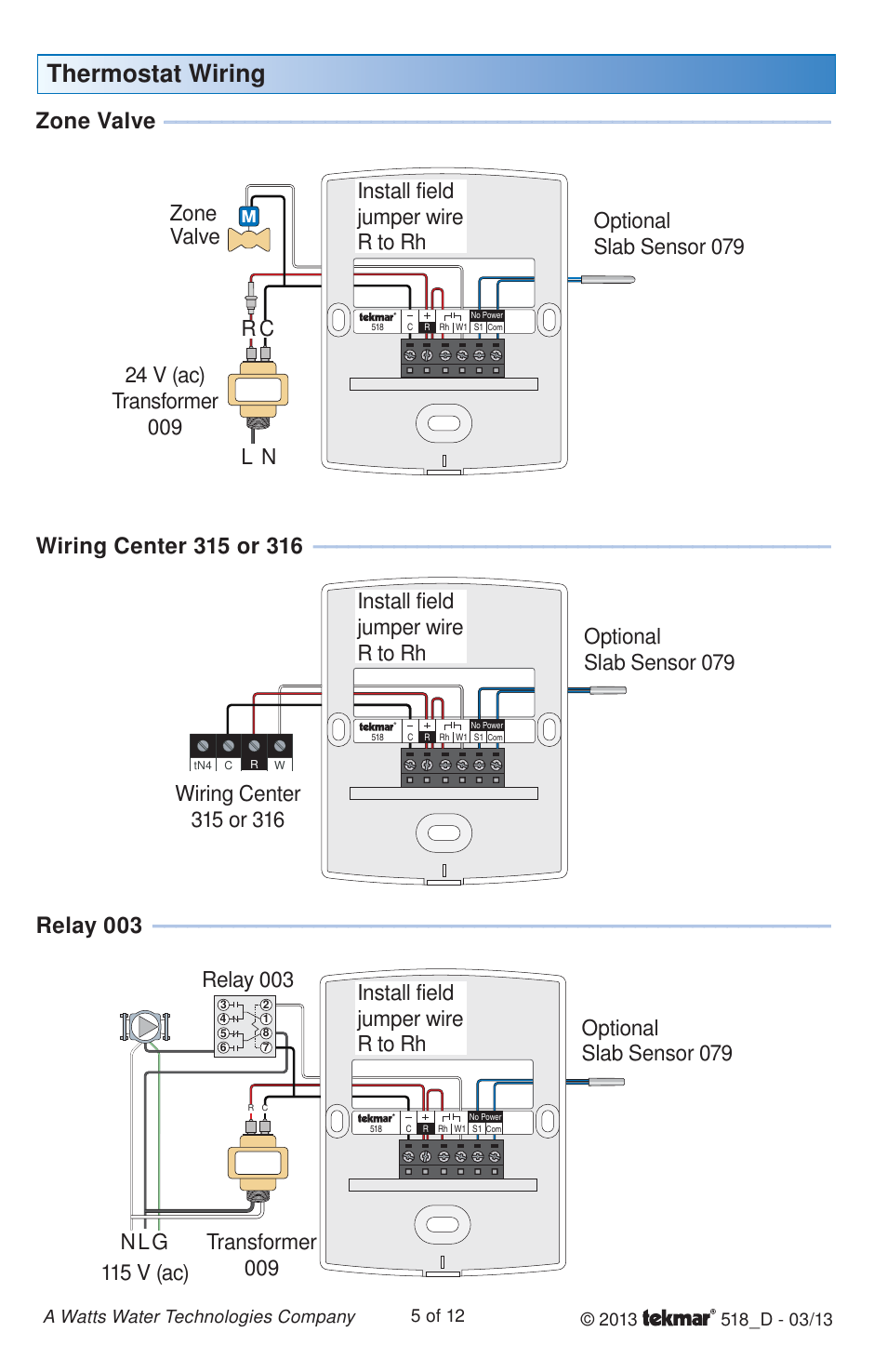 Thermostat wiring, Zone valve, Relay 003 | tekmar 518 Thermostat Installation User Manual | Page 5 / 12