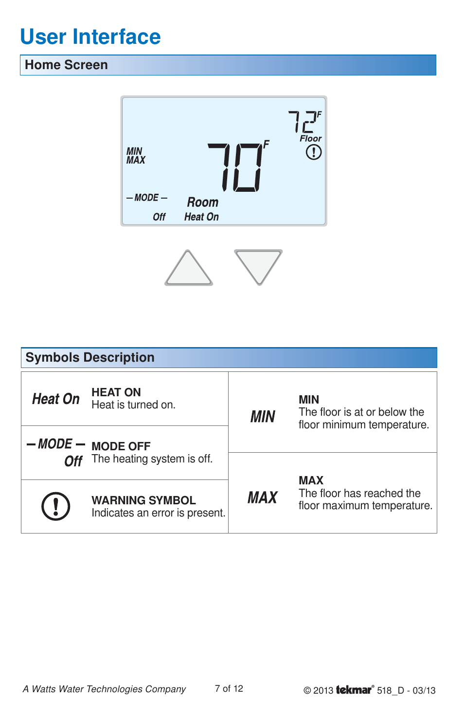 User interface | tekmar 518 Thermostat Installation User Manual | Page 7 / 12