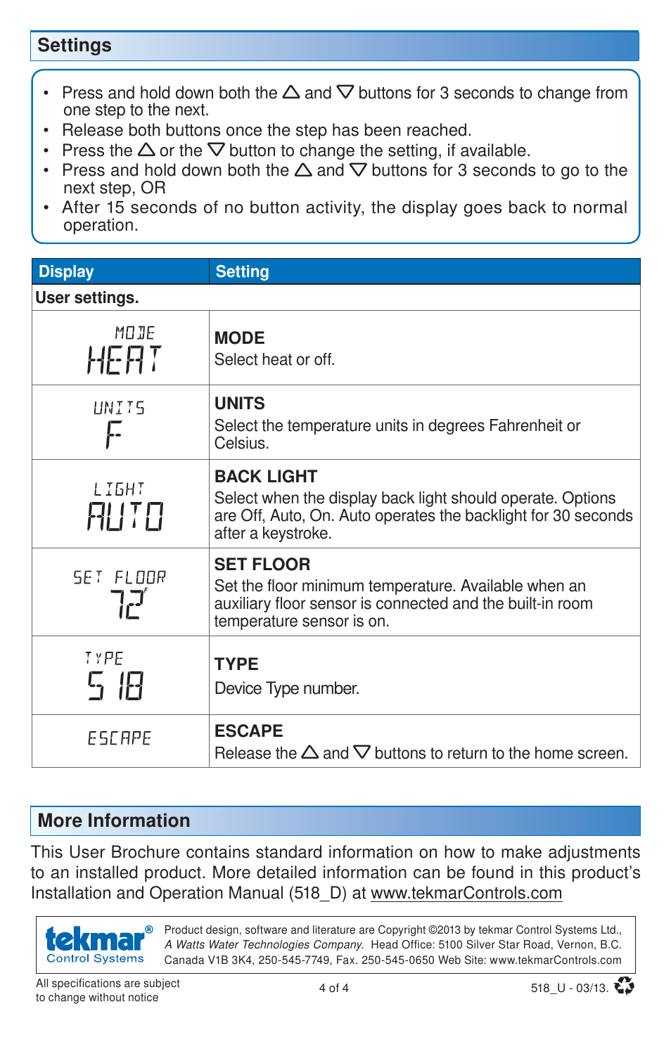 More information, Settings | tekmar 518 Thermostat User Manuals User Manual | Page 4 / 4