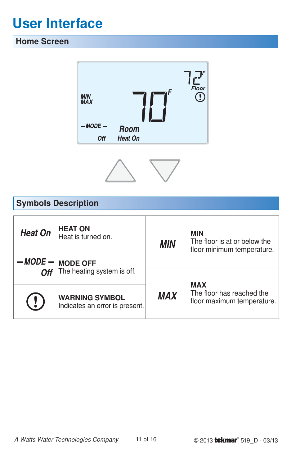 User interface | tekmar 519 Thermostat Installation User Manual | Page 11 / 16