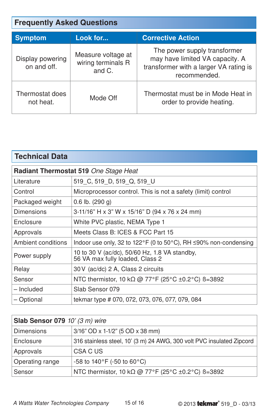 Technical data, Frequently asked questions | tekmar 519 Thermostat Installation User Manual | Page 15 / 16