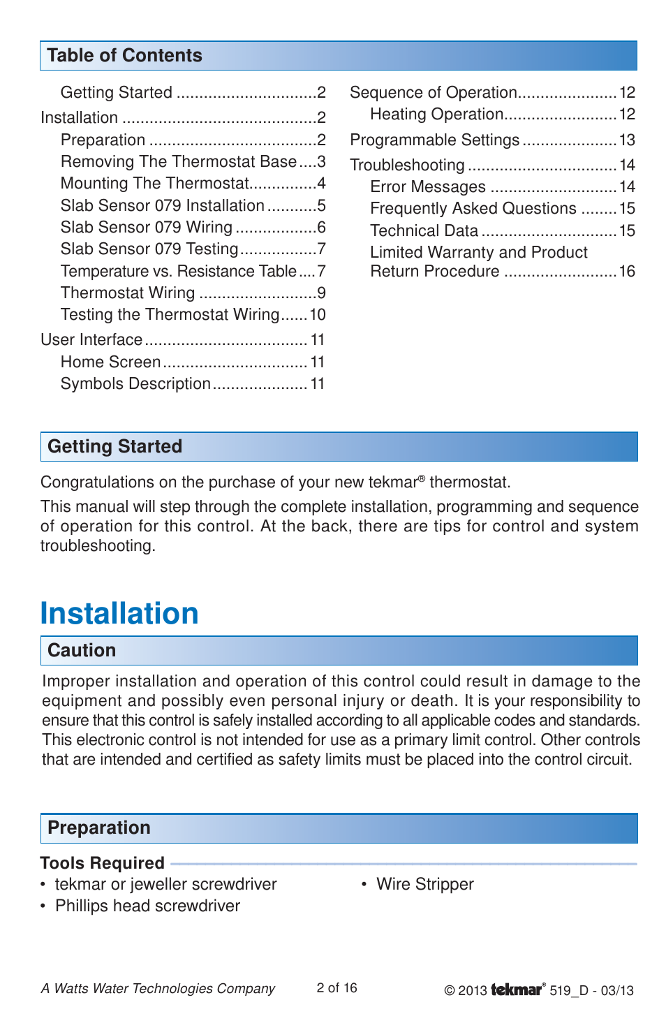 Installation | tekmar 519 Thermostat Installation User Manual | Page 2 / 16