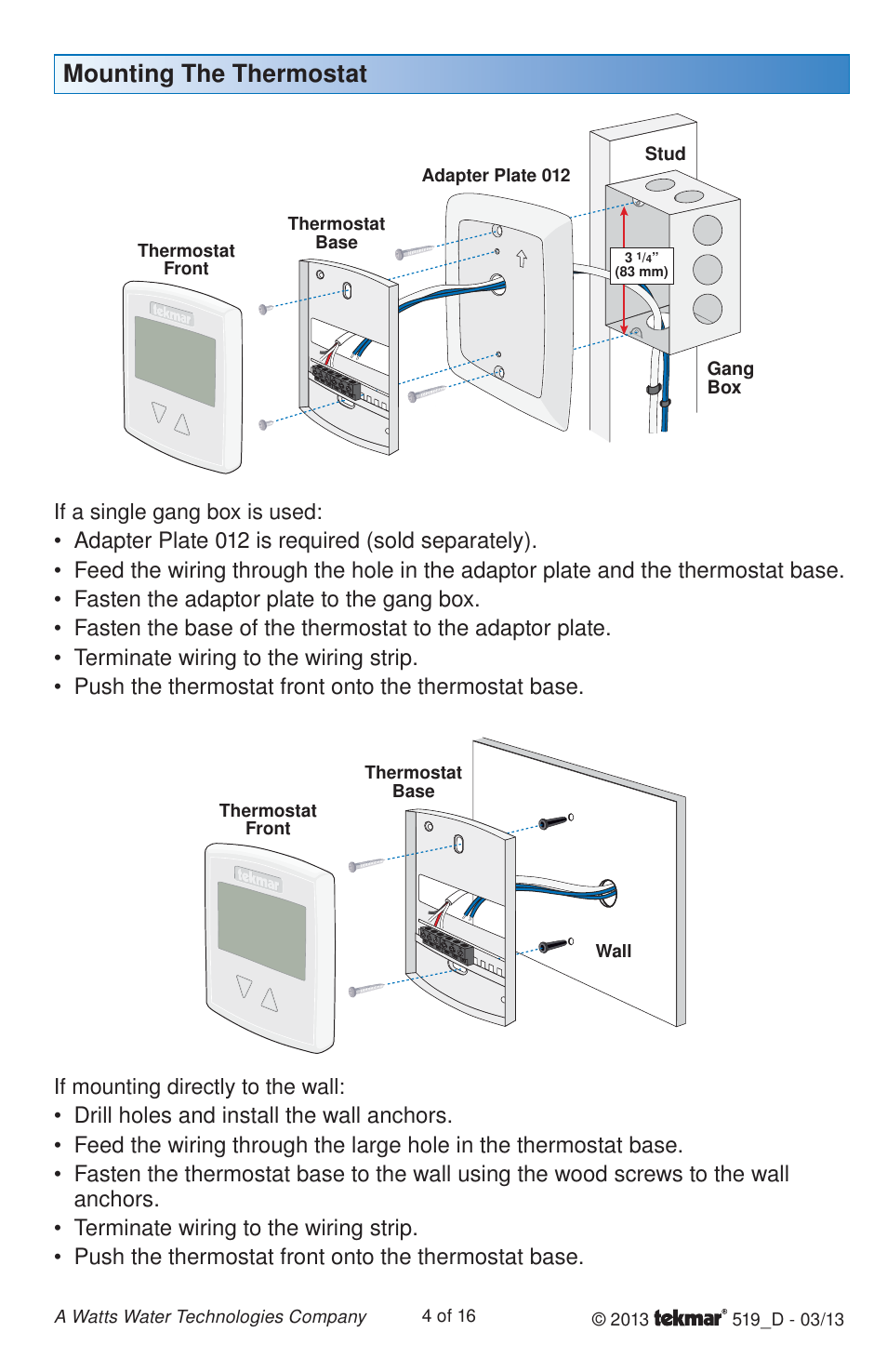 Mounting the thermostat, If mounting directly to the wall, If a single gang box is used | tekmar 519 Thermostat Installation User Manual | Page 4 / 16