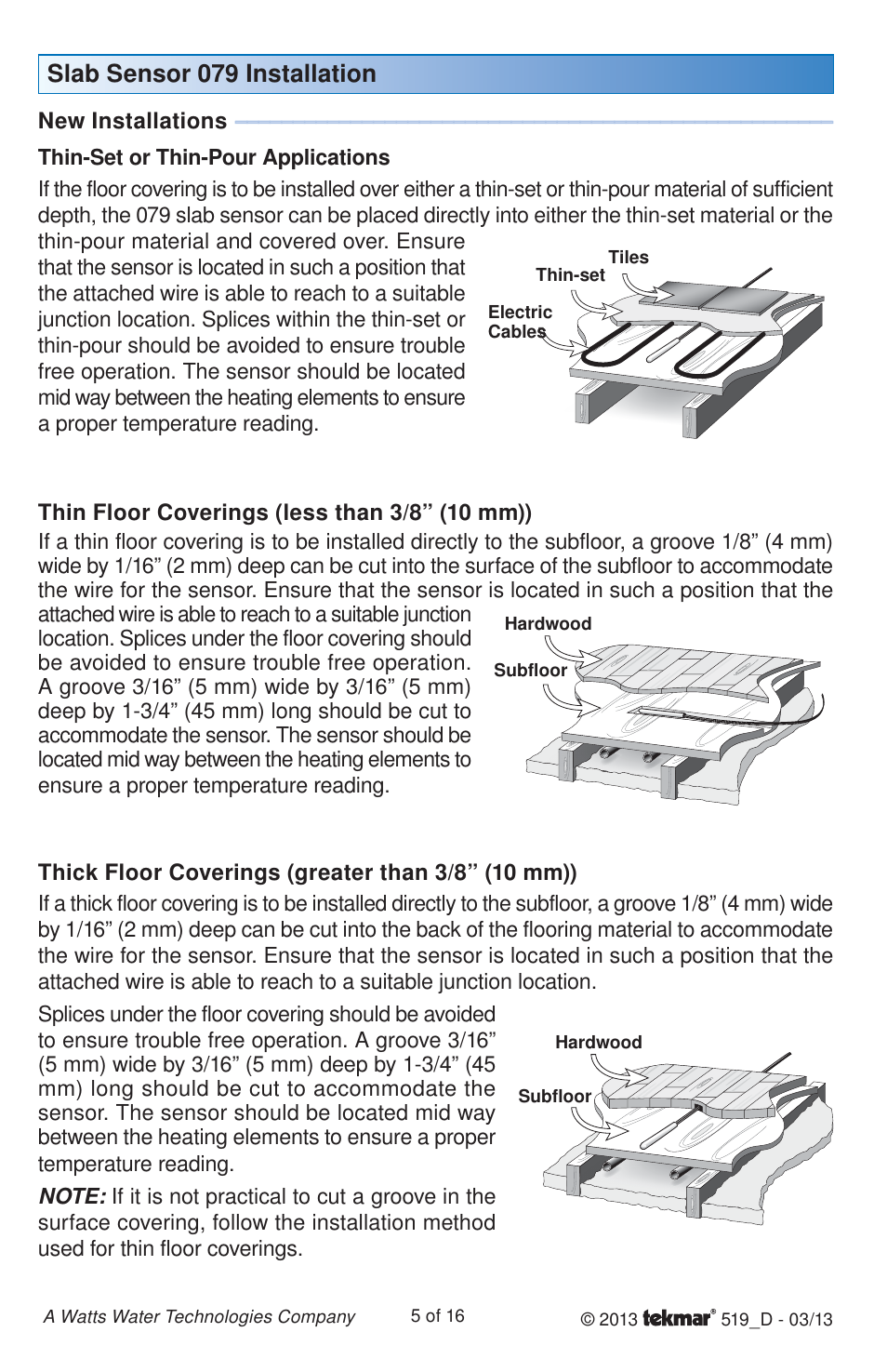 Slab sensor 079 installation | tekmar 519 Thermostat Installation User Manual | Page 5 / 16