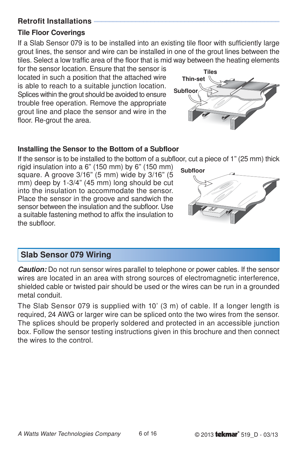 Slab sensor 079 wiring | tekmar 519 Thermostat Installation User Manual | Page 6 / 16