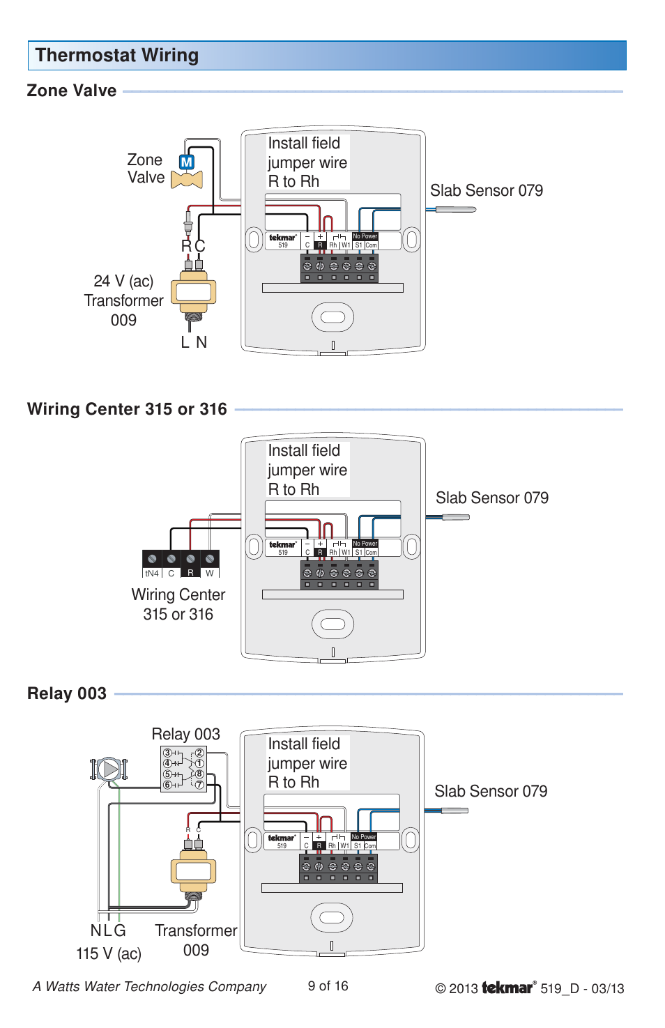 Thermostat wiring, Zone valve, Relay 003 | tekmar 519 Thermostat Installation User Manual | Page 9 / 16
