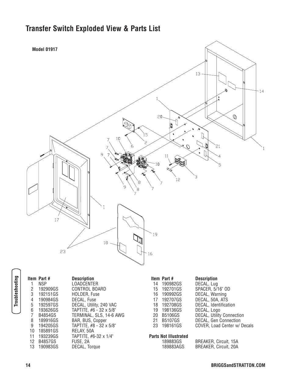 Warrant, Warranty, Transfer switch exploded view & parts list | Briggs & Stratton Switch User Manual | Page 14 / 40