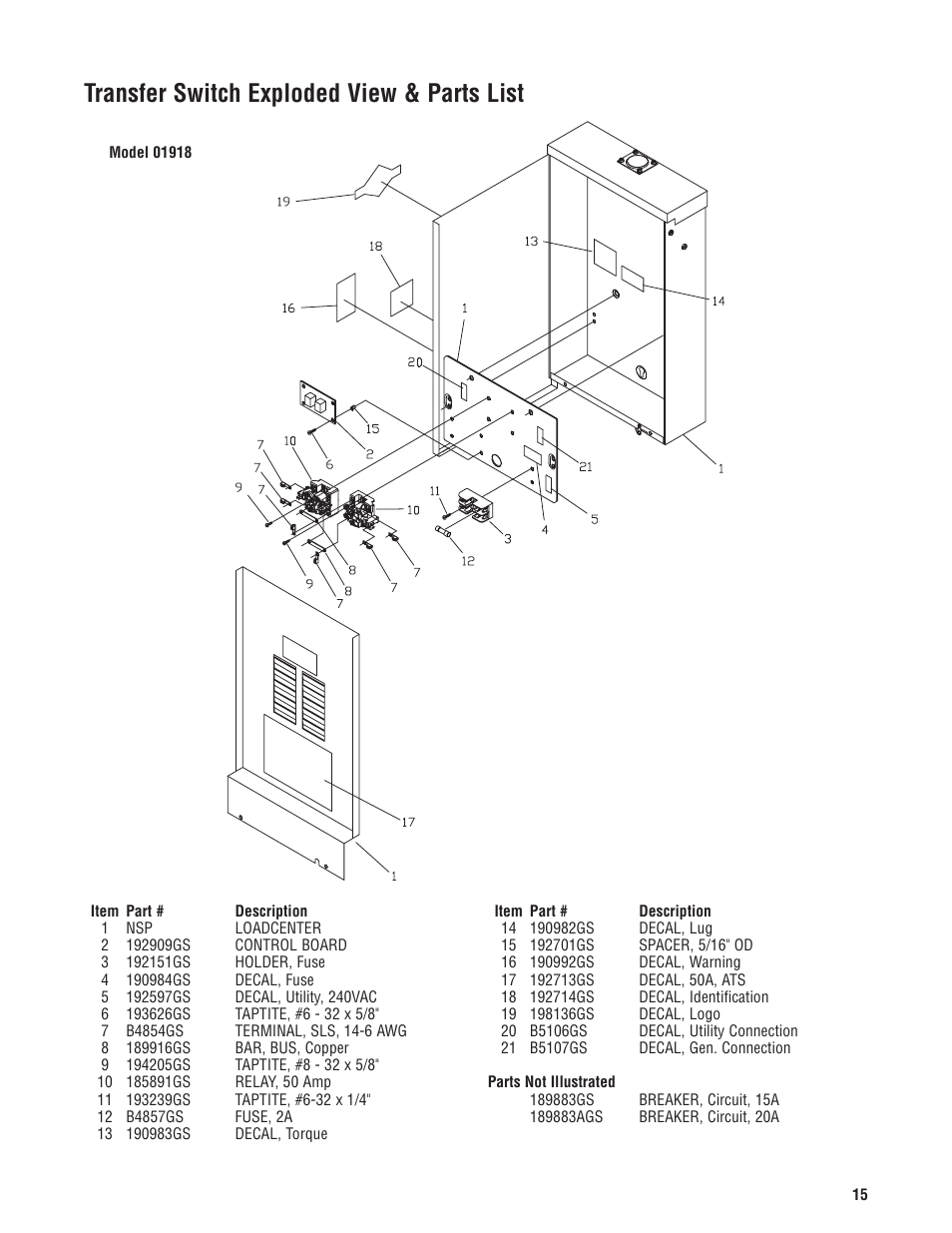 Transfer switch exploded vie, Transfer switch exploded view & parts list | Briggs & Stratton Switch User Manual | Page 15 / 40