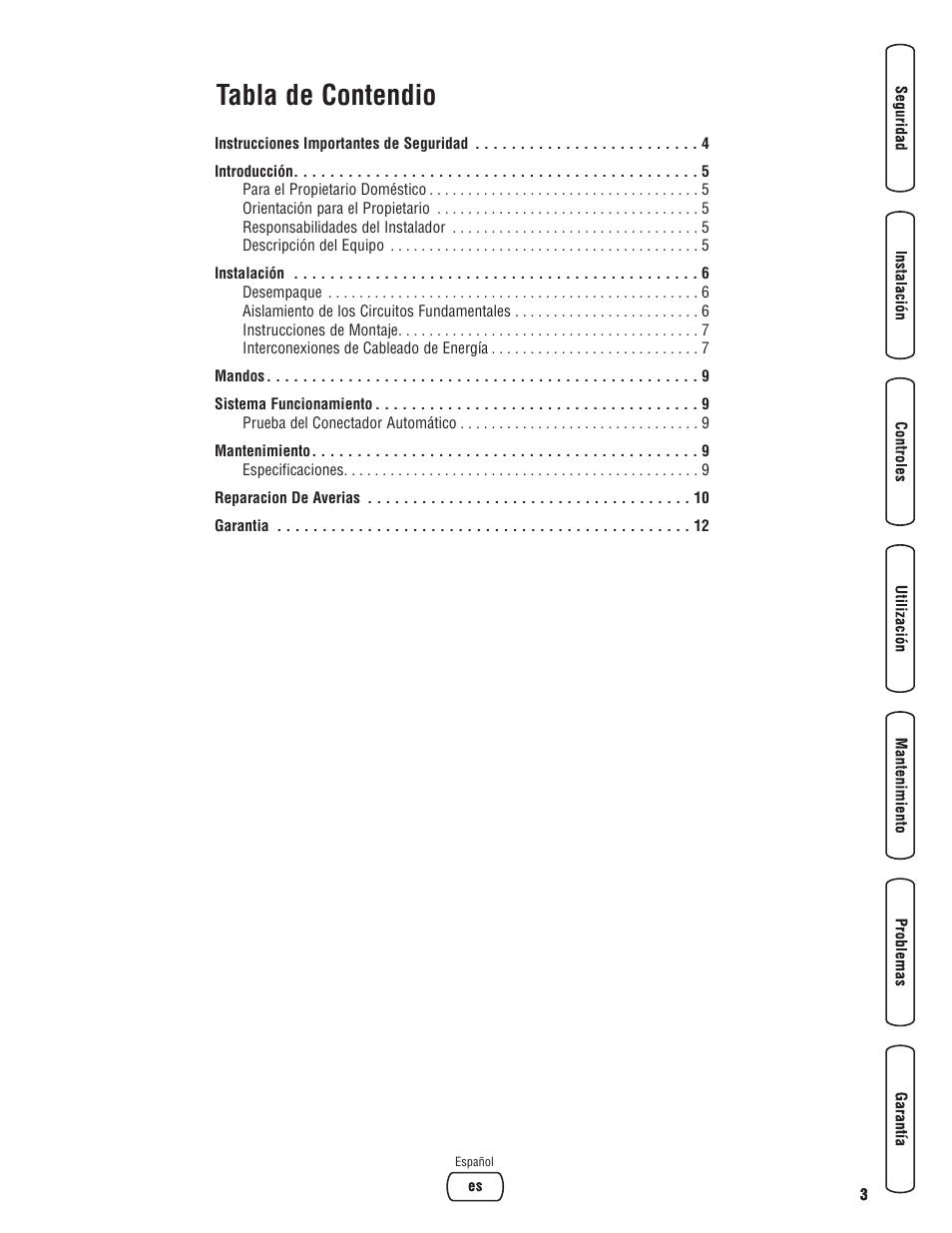 Tocsp, Tabla de contendio | Briggs & Stratton Switch User Manual | Page 19 / 40