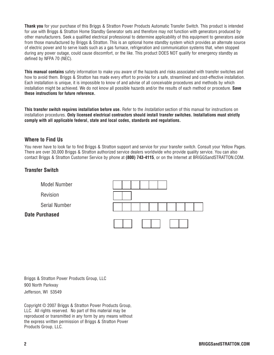 Briggs & Stratton Switch User Manual | Page 2 / 40