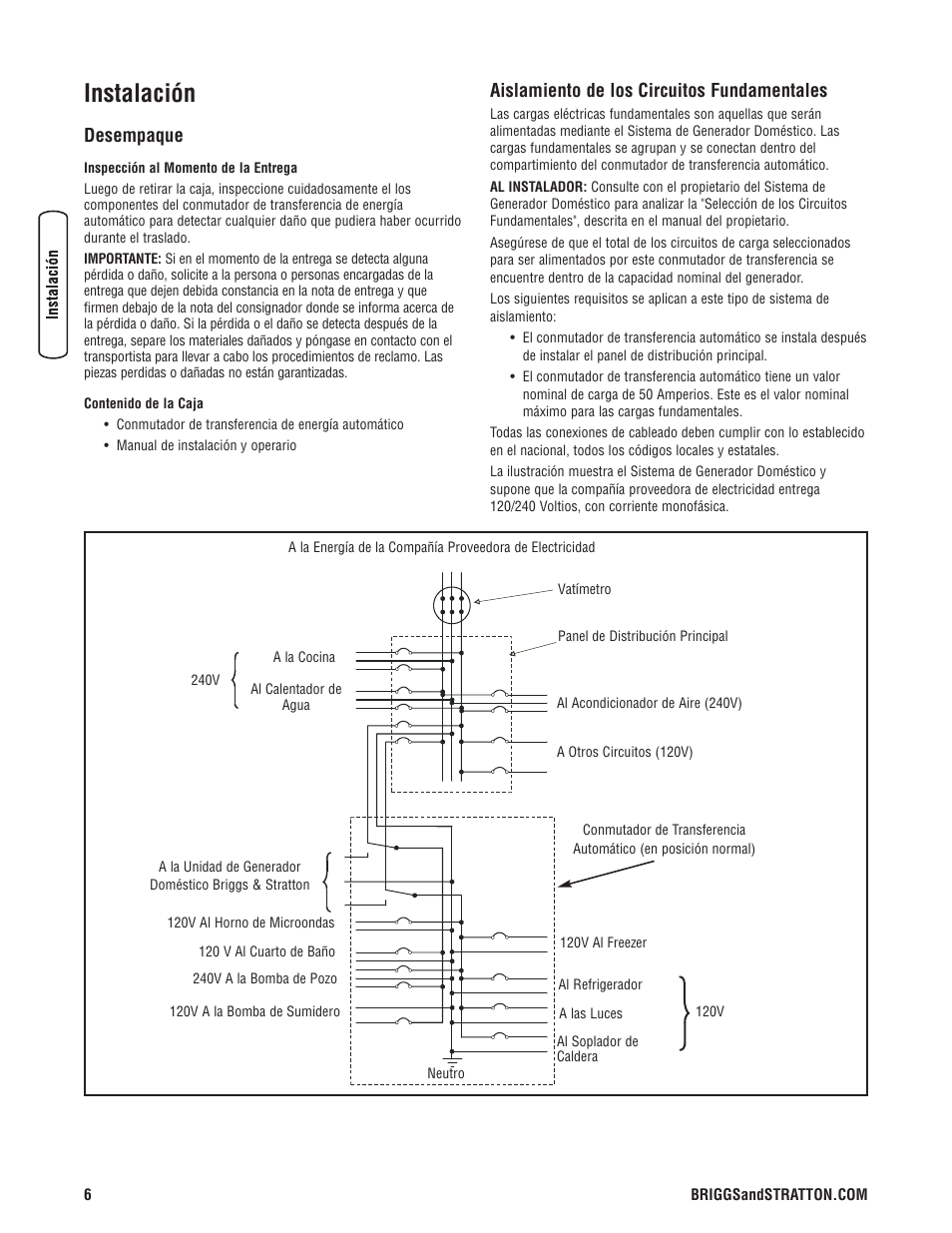 Instalación, Desempaque, Aislamiento de los circuitos fundamentales | Briggs & Stratton Switch User Manual | Page 22 / 40