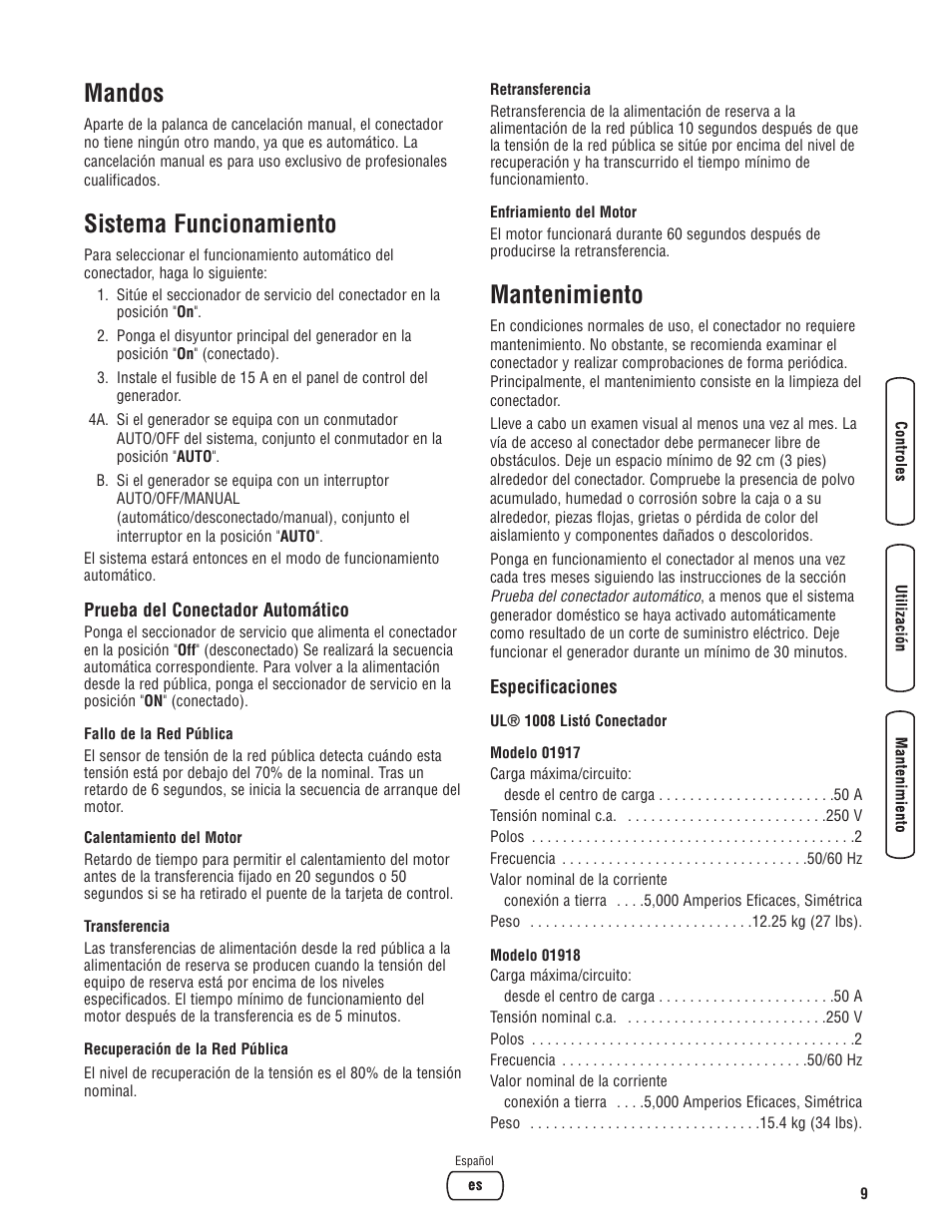 Mandos, Sistema funcionamiento, Mantenimiento | Briggs & Stratton Switch User Manual | Page 25 / 40