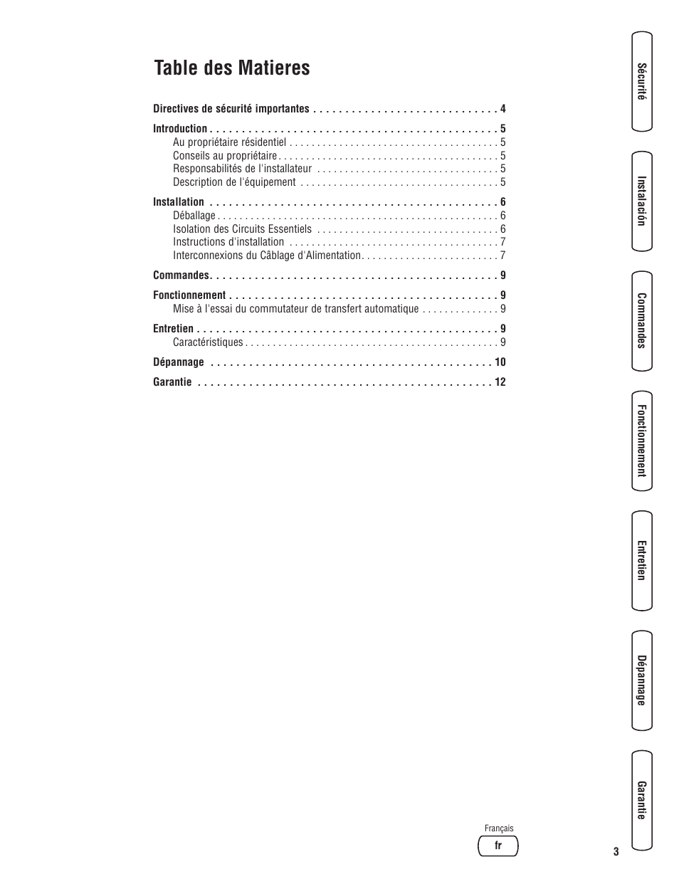 Tocen, Tocfr, Table des matieres | Briggs & Stratton Switch User Manual | Page 31 / 40