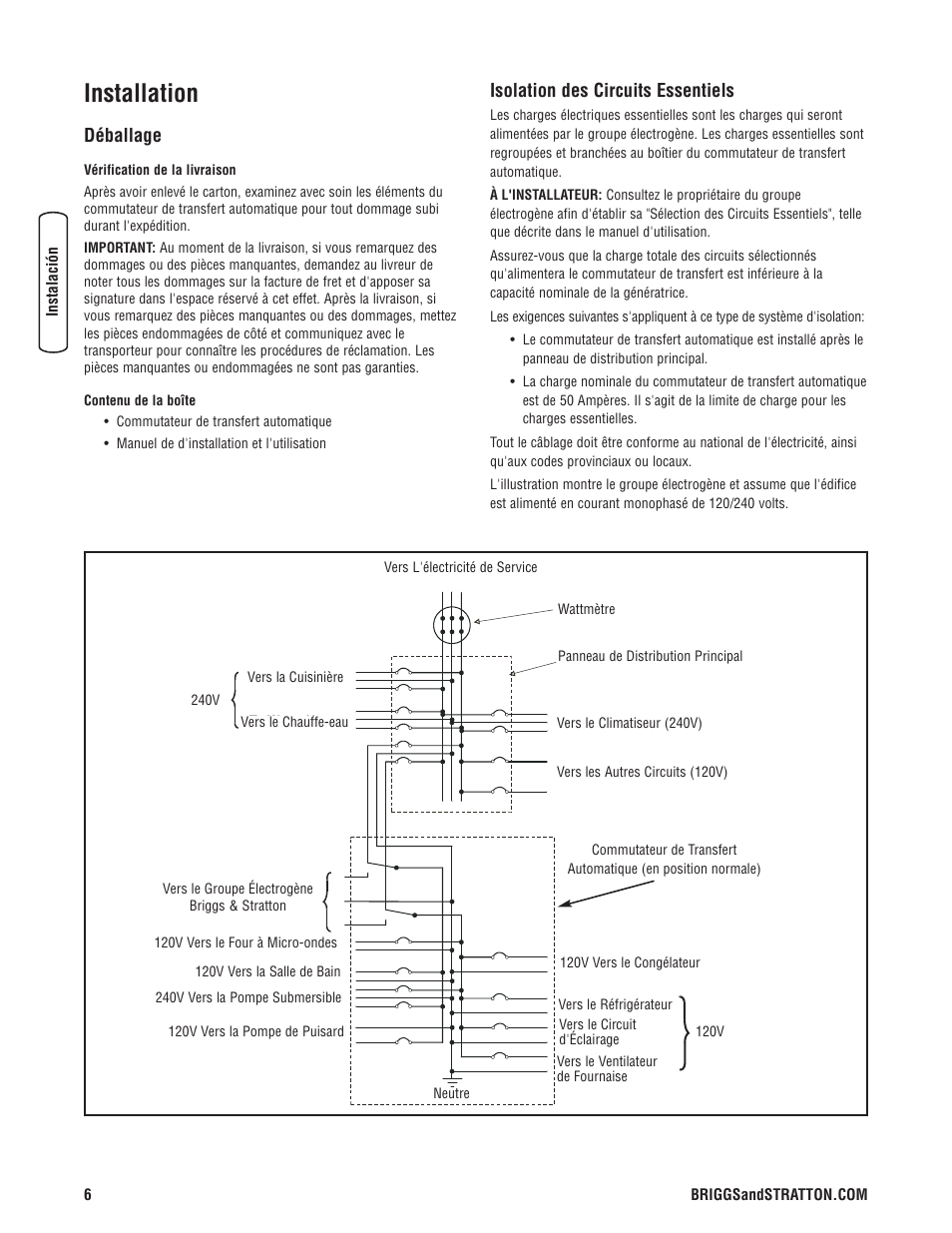 Installation, Déballage, Isolation des circuits essentiels | Briggs & Stratton Switch User Manual | Page 34 / 40