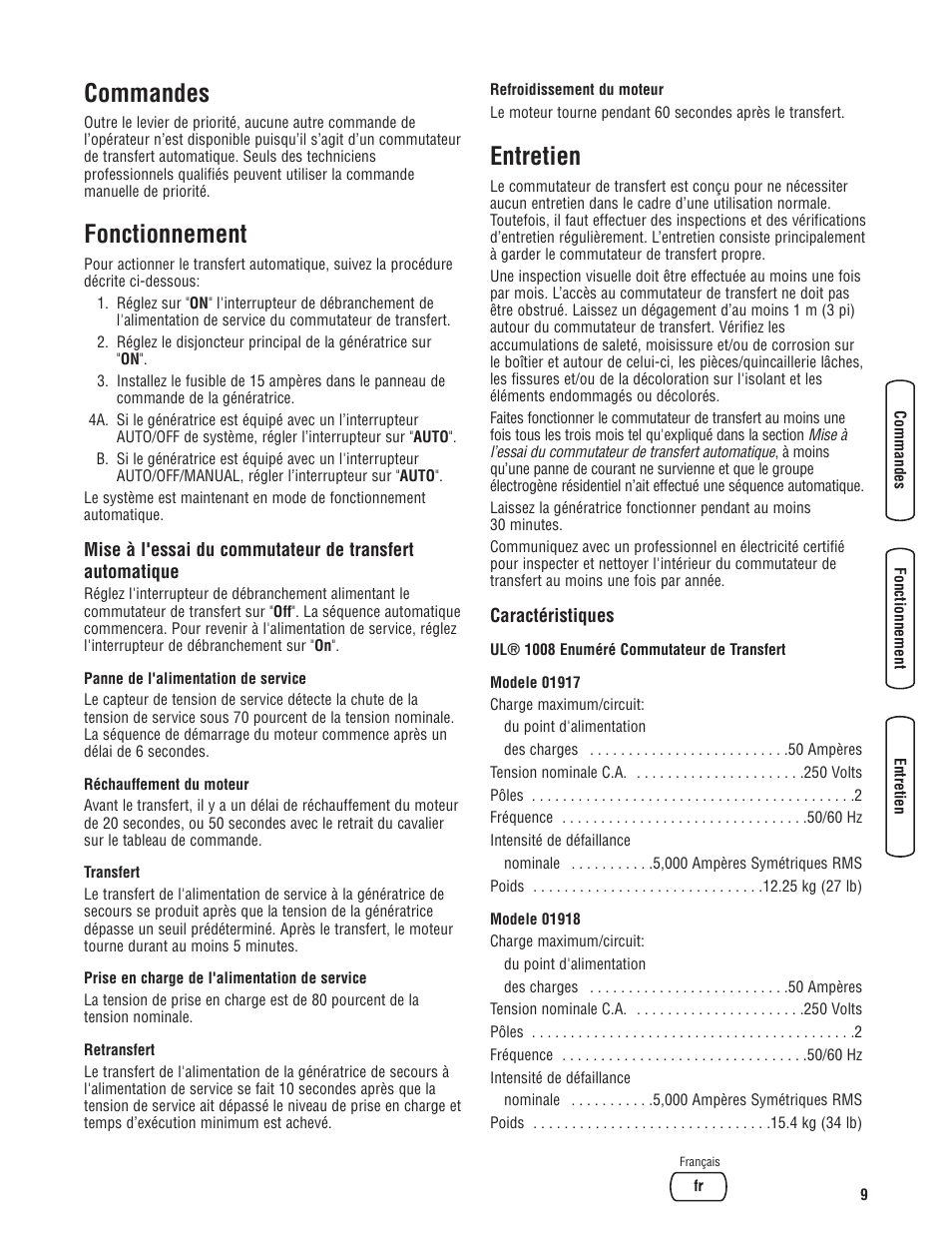 Commandes, Fonctionnement, Entretien | Briggs & Stratton Switch User Manual | Page 37 / 40