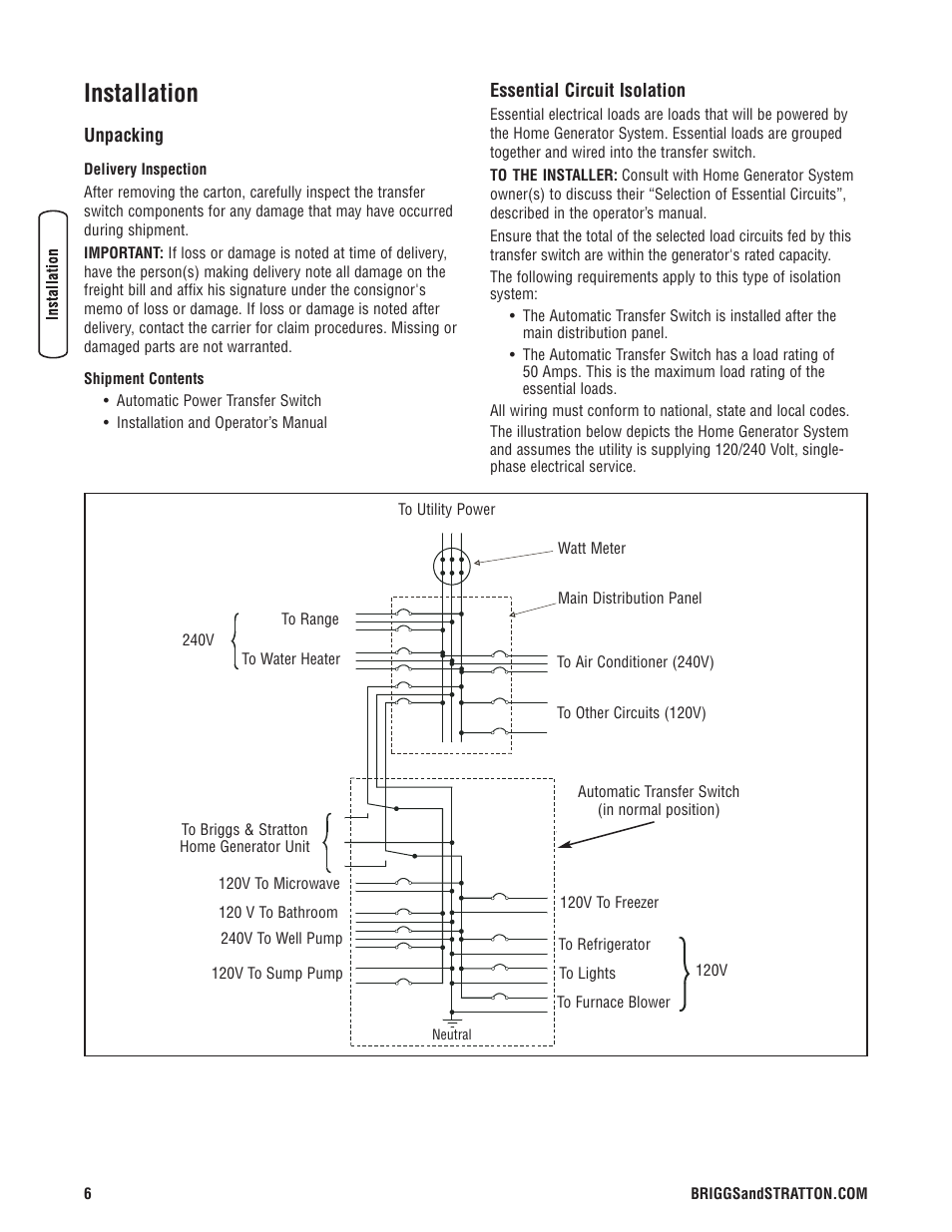Installation, Unpacking, Essential circuit isolation | Déballage, Isolation des circuits essen, Unpacking essential circuit isolation | Briggs & Stratton Switch User Manual | Page 6 / 40