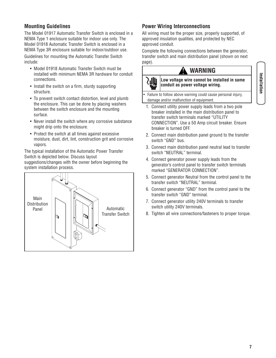 Mounting guidelines, Power wiring interconnections, Instructions d'installation | Interconnexions du câblage d, Mounting guidelines power wiring interconnections, Warning | Briggs & Stratton Switch User Manual | Page 7 / 40